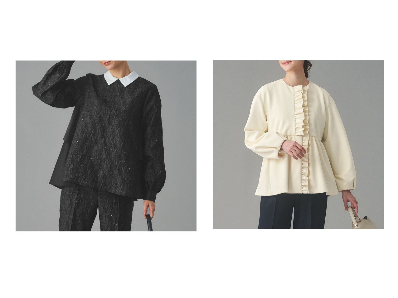 【フリルペプラムが映えるノーカラージャケットと襟付き2トーンジャガードブラウス 立体感と上品さを備えた華やかなトップス】UNITED ARROWS(ユナイテッドアローズ)の通販
 おすすめ人気トレンドファッション通販アイテム インテリア・キッズ・メンズ・レディースファッション・服の通販 founy(ファニー) 　ファッション　Fashion　レディースファッション　Fashion for Women　トップス・カットソー　Cut & Sew Tops　シャツ・ブラウス・オフィスカジュアル　Elegant Blouses & Button-Ups　アウター　Coat / Outerwear Collection　レディースジャケット・軽アウター　Jackets　アクセサリー　Fashion Accessories　ジャケット　Jacket, Outerwear　ドット　Polka Dot, Dot Pattern　フレア　Flare, Flared　ベスト　Vest, Waistcoat　別注　Limited Edition, Custom Order　無地　Plain, Solid Color　アシンメトリー　Asymmetrical Style　ギャザー　Gathered, Ruffled　吸水　Absorbent, Quick-Dry　ストレッチ　Stretch, Stretchy Fabric　セットアップ　Set-Up, Coordinated Outfit　タイトスカート　Pencil Skirt, Tight Skirt　タートルネック　Turtleneck, High Neck　デニム　Denim, Jeans Material　人気　Popular, Best Seller　フリル　Frill, Ruffle　フロント　Front, Front Design　ペプラム　Peplum, Flared Hem　ワイド　Wide, Wide Fit　セレモニー　Ceremony　ビジネス 仕事 通勤　Business / Work / Commuting　ブルー系　Blue　グレー系　Gray　ホワイト系　White　ブラック系　Black　|ID:crp329100000226679