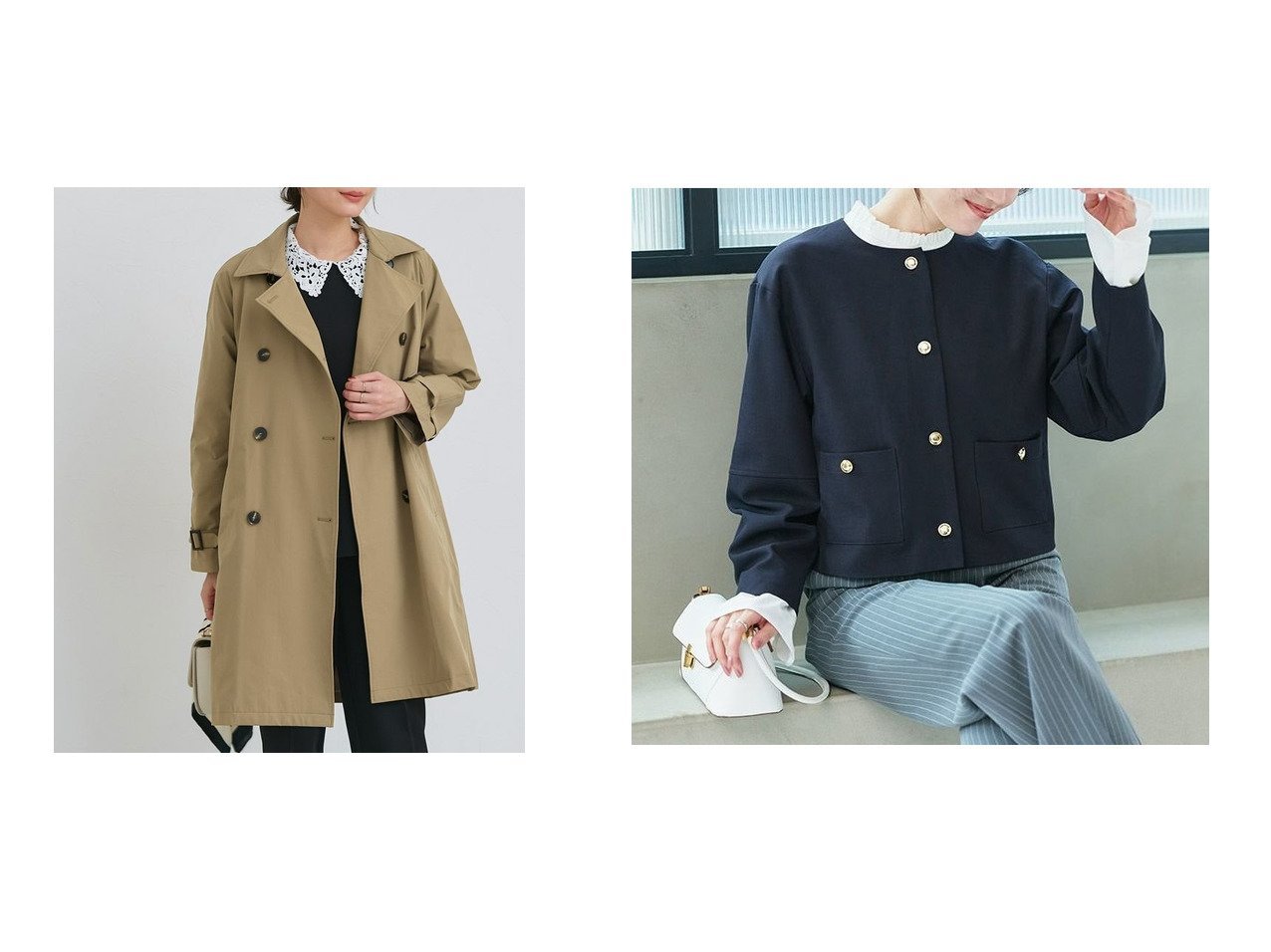 【ゴールドボタンが映えるノーカラージャケットと軽やかに羽織れるベーシックトレンチコート 上品さと汎用性を備えたアウター】Pierrot(ピエロ)の通販
 おすすめ人気トレンドファッション通販アイテム インテリア・キッズ・メンズ・レディースファッション・服の通販 founy(ファニー) 　ファッション　Fashion　レディースファッション　Fashion for Women　アウター　Coat / Outerwear Collection　レディースジャケット・軽アウター　Jackets　ノーカラージャケット / シンプル上品コーデ　Collarless Jackets　コート・ロングコート・ピーコート　Long Coats, Peacoats & More　トレンチコート / 春秋の定番アウター　Trench Coats　送料無料　Free Shipping　おすすめ　Recommended / Our Picks　クロップド　Cropped, Short Length　ジャケット　Jacket, Outerwear　スリーブ　Sleeve, Long Sleeve / Short Sleeve　フリル　Frill, Ruffle　プチプライス・低価格　Affordable / Budget Price　エレガント 上品　Elegant　シンプル　Simple, Minimal　トレンチ　Trench, Trench Coat　ベーシック　Basic, Essential　ロング　Long, Long-Length　軽量　Lightweight, Ultra Light　シルバー系　Silver　ベージュ系　Beige　|ID:crp329100000226683