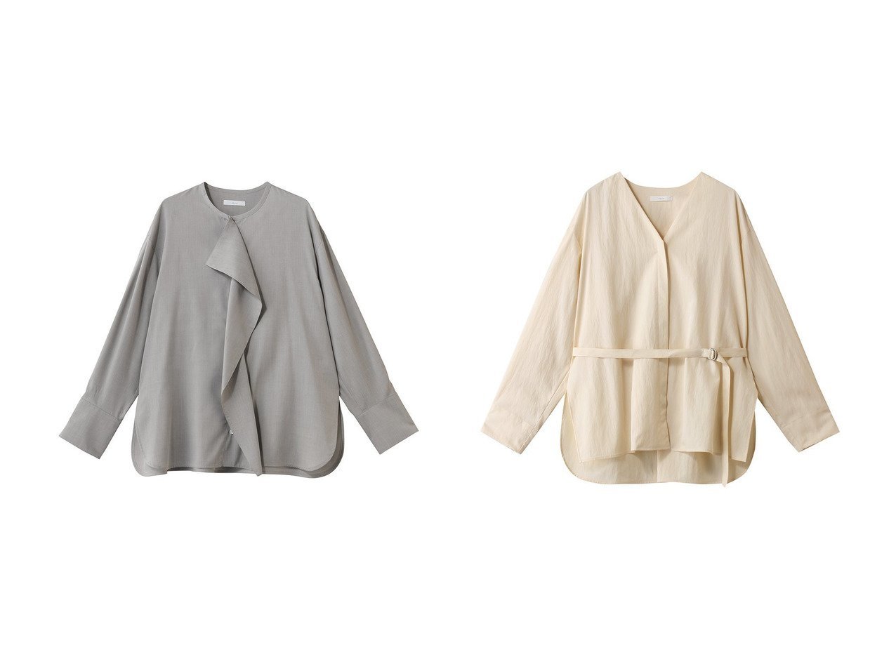 流れるドレープと軽やかな素材感で装いに表情を添えるノーカラーブラウス ebure(エブール)の通販
 おすすめ人気トレンドファッション通販アイテム インテリア・キッズ・メンズ・レディースファッション・服の通販 founy(ファニー) 　ファッション　Fashion　レディースファッション　Fashion for Women　トップス・カットソー　Cut & Sew Tops　シャツ・ブラウス・オフィスカジュアル　Elegant Blouses & Button-Ups　2026年　2026　おすすめ　Recommended / Our Picks　なめらか　Smooth, Silky Texture　スリーブ　Sleeve, Long Sleeve / Short Sleeve　セットアップ　Set-Up, Coordinated Outfit　タイプライター　Typewriter Fabric, Crisp Cotton　ブラウジング　Blouson Silhouette, Cinched Waist　ロング　Long, Long-Length　夏　Summer　春　Spring　S/S・春夏　SS, Spring/Summer, Warm Season　ブルー系　Blue　ホワイト系　White　グレー系　Gray　|ID:crp329100000226737