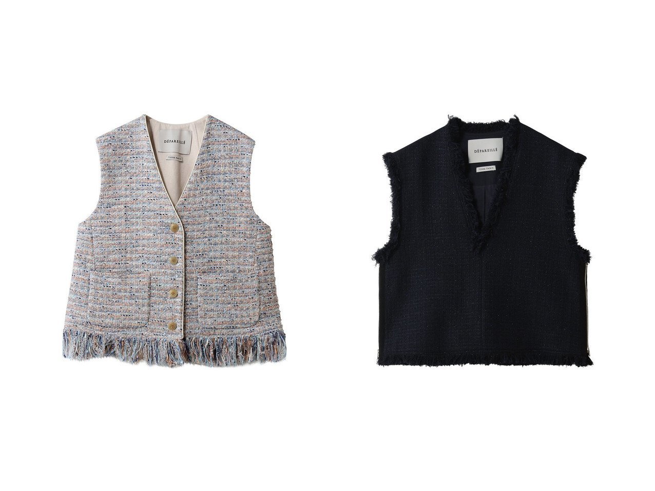 【華やかなファンシーツイードとフリンジが映えるレイヤード自在なジレ】DEPAREILLE(デパリエ)の通販
 おすすめ人気トレンドファッション通販アイテム インテリア・キッズ・メンズ・レディースファッション・服の通販 founy(ファニー) 　ファッション　Fashion　レディースファッション　Fashion for Women　アウター　Coat / Outerwear Collection　レディースジャケット・軽アウター　Jackets　2026年　2026　おすすめ　Recommended / Our Picks　ジャケット　Jacket, Outerwear　セレモニー　Ceremony　ツイード　Twill, Twill Weave　フリンジ　Fringe, Tassel　ベスト　Vest, Waistcoat　メタル　Metal, Metal Parts　ラグジュアリー　Luxury, Elegant　リュクス　Luxury, Elegant, High-End, Chic　夏　Summer　春　Spring　S/S・春夏　SS, Spring/Summer, Warm Season　ブルー系　Blue　レッド系　Red　|ID:crp329100000226747