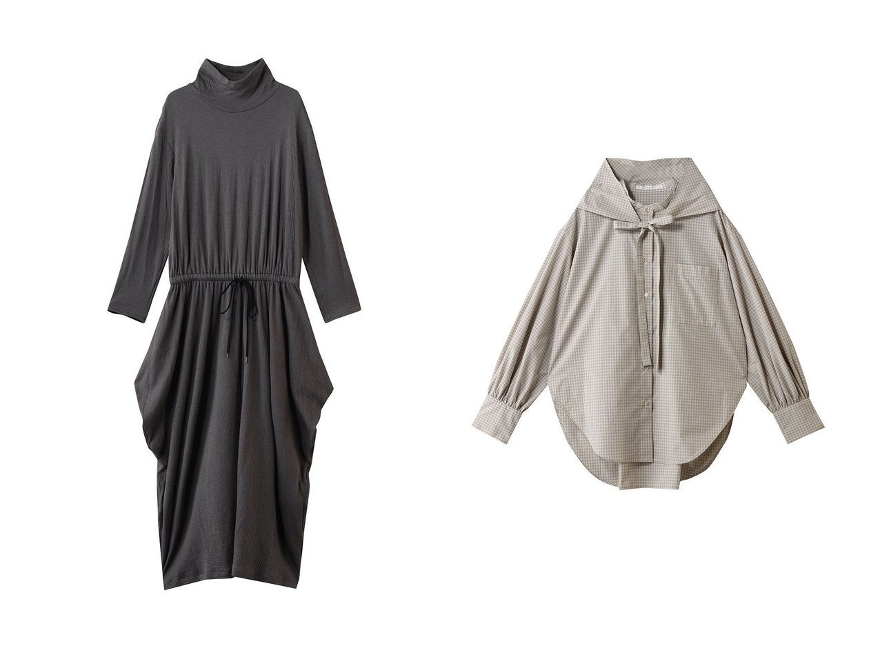 【落ち着いたチェック柄のコットンシルクブラウスと上品な佇まいが際立つロングドレス】PLAIN PEOPLE(プレインピープル)の通販
 おすすめ人気トレンドファッション通販アイテム インテリア・キッズ・メンズ・レディースファッション・服の通販 founy(ファニー) 　ファッション　Fashion　レディースファッション　Fashion for Women　ワンピース　Dresses　フォーマル・パーティードレス・結婚式用ドレス　Elegant & Casual Dresses　チュニック　Tunic Tops & Dresses　トップス・カットソー　Cut & Sew Tops　シャツ・ブラウス・オフィスカジュアル　Elegant Blouses & Button-Ups　スカート　Skirts　2026年　2026　ギャザー　Gathered, Ruffled　シューズ　Shoes, Footwear　シンプル　Simple, Minimal　チュニック　Tunic, Long Top　ドレス　Dress, One-Piece　ハイネック　High Neck, Mock Neck　バランス　Balance, Style Balance　ロング　Long, Long-Length　エレガント 上品　Elegant　夏　Summer　春　Spring　S/S・春夏　SS, Spring/Summer, Warm Season　グレー系　Gray　イエロー系　Yellow　ブラック系　Black　|ID:crp329100000226754