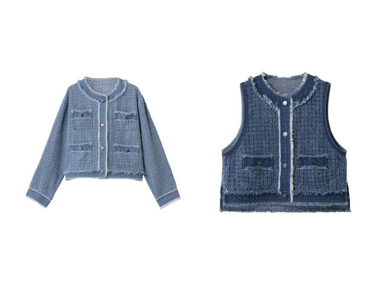 【ニードルパンチ加工の凹凸感とフリンジが映えるデニムジレとデニムジャケット】three dots(スリー ドッツ)の通販
 おすすめ人気トレンドファッション通販アイテム インテリア・キッズ・メンズ・レディースファッション・服の通販 founy(ファニー) 　ファッション　Fashion　レディースファッション　Fashion for Women　アウター　Coat / Outerwear Collection　レディースジャケット・軽アウター　Jackets　デニムジャケット / カジュアルアウター　Denim Jackets　2026年　2026　コンパクト　Compact, Small Size　ジャケット　Jacket, Outerwear　ツイード　Twill, Twill Weave　デニム　Denim, Jeans Material　ノースリーブ　Sleeveless, No-Sleeve　フリンジ　Fringe, Tassel　ベスト　Vest, Waistcoat　夏　Summer　春　Spring　S/S・春夏　SS, Spring/Summer, Warm Season　ブルー系　Blue　|ID:crp329100000226760