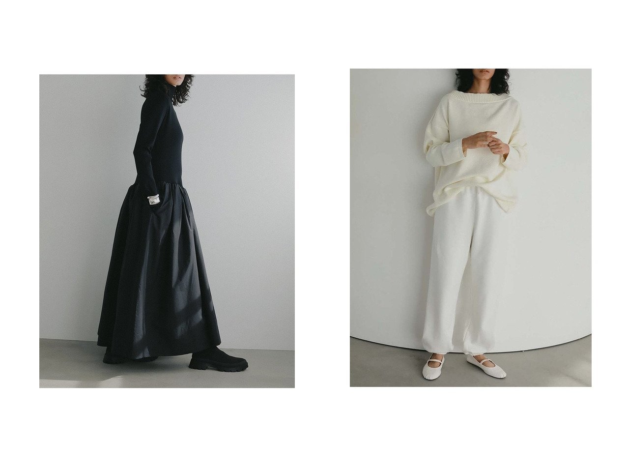 【抜け感のあるルーズシルエットが魅力のニットプルオーバーとギャザーとフレアが描く揺れ感ワンピース 軽やかさと上品さを備えた大人の装い】HER.(ハー)の通販
 おすすめ人気トレンドファッション通販アイテム インテリア・キッズ・メンズ・レディースファッション・服の通販 founy(ファニー) 　ファッション　Fashion　レディースファッション　Fashion for Women　ワンピース　Dresses　チュニック　Tunic Tops & Dresses　トップス・カットソー　Cut & Sew Tops　ニット　Knit Tops & Sweaters　カジュアルプルオーバー・ニットトップス　Pullovers & Knit Tops / Casual Pullovers　2026年　2026　とろみ　Fluid, Flowy Fabric　ギャザー　Gathered, Ruffled　チュニック　Tunic, Long Top　ドッキング　Docking, Mixed Material　フレア　Flare, Flared　ロング　Long, Long-Length　エレガント 上品　Elegant　夏　Summer　春　Spring　S/S・春夏　SS, Spring/Summer, Warm Season　ブラック系　Black　ホワイト系　White　|ID:crp329100000226781