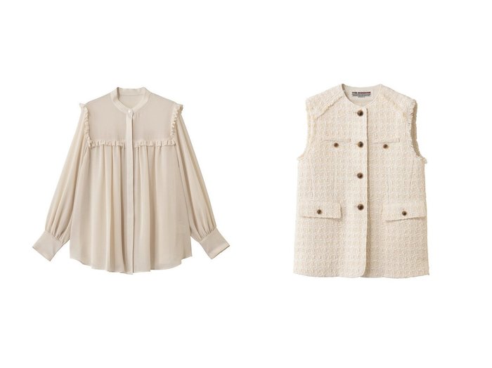 【繊細なフリルが映えるジョーゼットブラウスと上質ツイードジレで叶える品のあるレイヤードスタイル】Shinzone(シンゾーン)の通販
 おすすめ人気トレンドファッション通販アイテム 人気、トレンドファッション・服の通販 founy(ファニー) ファッション Fashion レディースファッション Fashion for Women トップス・カットソー Cut & Sew Tops シャツ・ブラウス・オフィスカジュアル Elegant Blouses & Button-Ups アウター Coat / Outerwear Collection レディースジャケット・軽アウター Jackets 2026年 2026 おすすめ Recommended / Our Picks ギャザー Gathered, Ruffled ジョーゼット Georgette, Semi-Sheer Fabric スタンド Stand Collar, Upright Stand スリーブ Sleeve, Long Sleeve / Short Sleeve デニム Denim, Jeans Material フェミニン Feminine, Girly フリル Frill, Ruffle ミックス Mix, Mixed Style ロング Long, Long-Length 夏 Summer 春 Spring S/S・春夏 SS, Spring/Summer, Warm Season |ID:crp329100000226786