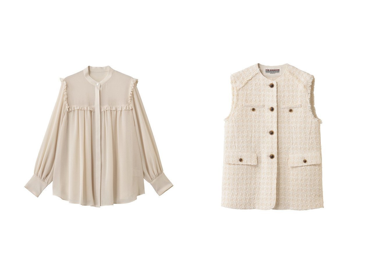 【繊細なフリルが映えるジョーゼットブラウスと上質ツイードジレで叶える品のあるレイヤードスタイル】Shinzone(シンゾーン)の通販
 おすすめ人気トレンドファッション通販アイテム インテリア・キッズ・メンズ・レディースファッション・服の通販 founy(ファニー) 　ファッション　Fashion　レディースファッション　Fashion for Women　トップス・カットソー　Cut & Sew Tops　シャツ・ブラウス・オフィスカジュアル　Elegant Blouses & Button-Ups　アウター　Coat / Outerwear Collection　レディースジャケット・軽アウター　Jackets　2026年　2026　おすすめ　Recommended / Our Picks　ギャザー　Gathered, Ruffled　ジョーゼット　Georgette, Semi-Sheer Fabric　スタンド　Stand Collar, Upright Stand　スリーブ　Sleeve, Long Sleeve / Short Sleeve　デニム　Denim, Jeans Material　フェミニン　Feminine, Girly　フリル　Frill, Ruffle　ミックス　Mix, Mixed Style　ロング　Long, Long-Length　夏　Summer　春　Spring　S/S・春夏　SS, Spring/Summer, Warm Season　ブラック系　Black　|ID:crp329100000226786