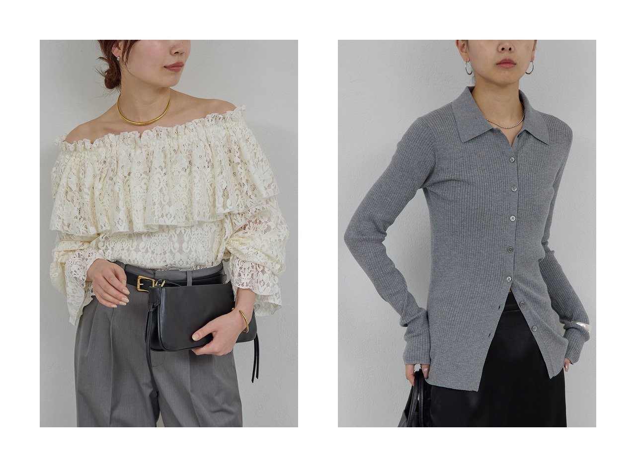 【繊細レースが映えるオフショルブラウスと縦ラインを引き立てるポロリブニットで叶える上品な抜け感】GALLARDAGALANTE(ガリャルダガランテ)の通販
 おすすめ人気トレンドファッション通販アイテム インテリア・キッズ・メンズ・レディースファッション・服の通販 founy(ファニー) 　ファッション　Fashion　レディースファッション　Fashion for Women　トップス・カットソー　Cut & Sew Tops　シャツ・ブラウス・オフィスカジュアル　Elegant Blouses & Button-Ups　ニット　Knit Tops & Sweaters　カーディガン・羽織り　Layered Style Cardigans　2026年　2026　スリーブ　Sleeve, Long Sleeve / Short Sleeve　フェミニン　Feminine, Girly　レース　Lace, Lace Fabric　ロング　Long, Long-Length　エレガント 上品　Elegant　夏　Summer　春　Spring　S/S・春夏　SS, Spring/Summer, Warm Season　イエロー系　Yellow　ブラック系　Black　グレー系　Gray　|ID:crp329100000226789