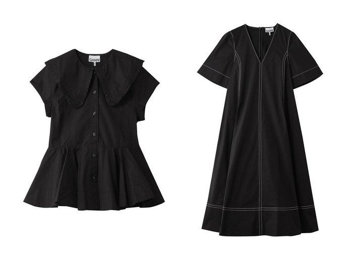 【Aラインが美しいストレッチコットンドレスとピーターパンカラーシャツで楽しむフェミニンスタイル】GANNI(ガニー)の通販
 おすすめ人気トレンドファッション通販アイテム 人気、トレンドファッション・服の通販 founy(ファニー) ファッション Fashion レディースファッション Fashion for Women トップス・カットソー Cut & Sew Tops シャツ・ブラウス・オフィスカジュアル Elegant Blouses & Button-Ups ワンピース Dresses フォーマル・パーティードレス・結婚式用ドレス Elegant & Casual Dresses チュニック Tunic Tops & Dresses 2026年 2026 ショート Short, Short Length スリーブ Sleeve, Long Sleeve / Short Sleeve フリル Frill, Ruffle ペプラム Peplum, Flared Hem 夏 Summer 春 Spring S/S・春夏 SS, Spring/Summer, Warm Season |ID:crp329100000226850