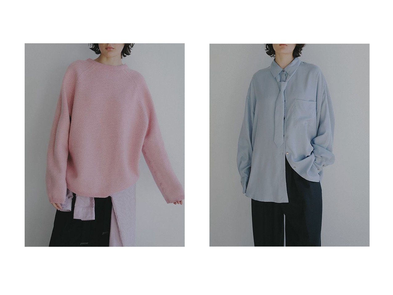 【柔らかなウールの風合いを楽しむリバーシブルボックスニットと上品な落ち感が際立つキュプラネクタイオーバーサイズシャツ】ETRE TOKYO(エトレトウキョウ)の通販
 おすすめ人気トレンドファッション通販アイテム インテリア・キッズ・メンズ・レディースファッション・服の通販 founy(ファニー) 　ファッション　Fashion　レディースファッション　Fashion for Women　トップス・カットソー　Cut & Sew Tops　ニット　Knit Tops & Sweaters　カジュアルプルオーバー・ニットトップス　Pullovers & Knit Tops / Casual Pullovers　シャツ・ブラウス・オフィスカジュアル　Elegant Blouses & Button-Ups　春　Spring　スラックス　Slacks, Dress Pants　なめらか　Smooth, Silky Texture　バランス　Balance, Style Balance　ボックス　Boxy, Box Shape　ワイド　Wide, Wide Fit　S/S・春夏　SS, Spring/Summer, Warm Season　再入荷　Restock / Back in Stock　おすすめ　Recommended / Our Picks　夏　Summer　2026年　2026　ホワイト系　White　レッド系　Red　ブルー系　Blue　ブラウン系　Brown　ベージュ系　Beige　|ID:crp329100000226900