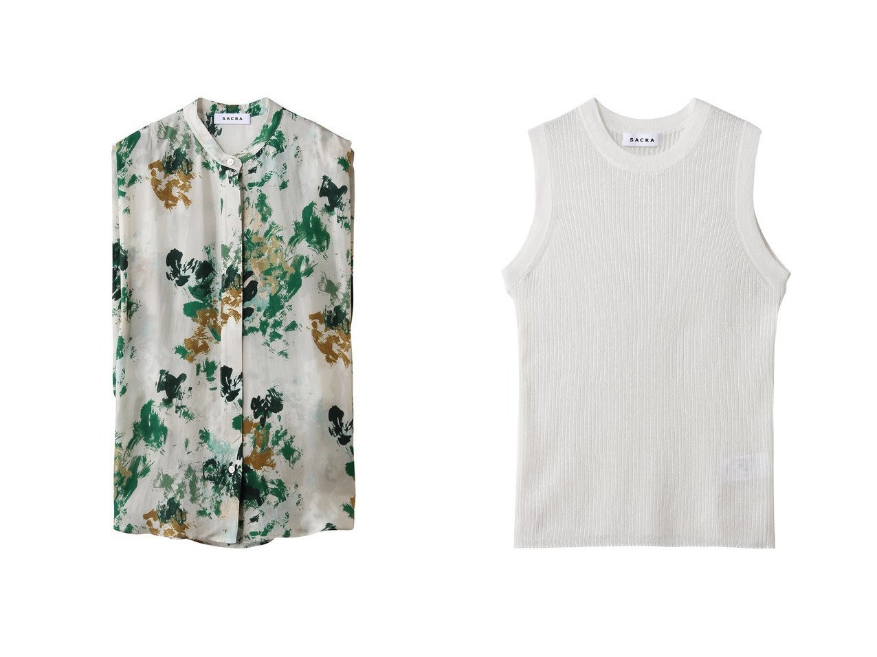 【華やかなフラワー柄が映えるノースリーブブラウスと表情豊かなメランジリブタンクトップ】SACRA(サクラ)の通販
 おすすめ人気トレンドファッション通販アイテム インテリア・キッズ・メンズ・レディースファッション・服の通販 founy(ファニー) 　ファッション　Fashion　レディースファッション　Fashion for Women　トップス・カットソー　Cut & Sew Tops　キャミソール&ノースリーブ　Camisoles & Sleeveless Tops　シャツ・ブラウス・オフィスカジュアル　Elegant Blouses & Button-Ups　ロングTシャツ・Tシャツ　Longline T-Shirts & Tees　カットソー・ベーシックTシャツ　Cut-and-Sewn Tops / Stretch Tees & Basics　2026年　2026　ショルダー　Shoulder, Shoulder Strap　ドレープ　Drape, Draping Fabric　ノースリーブ　Sleeveless, No-Sleeve　フラワー　Flower, Floral　プリント　Print, Printed Pattern　ボックス　Boxy, Box Shape　夏　Summer　春　Spring　S/S・春夏　SS, Spring/Summer, Warm Season　グリーン系　Green　|ID:crp329100000226904