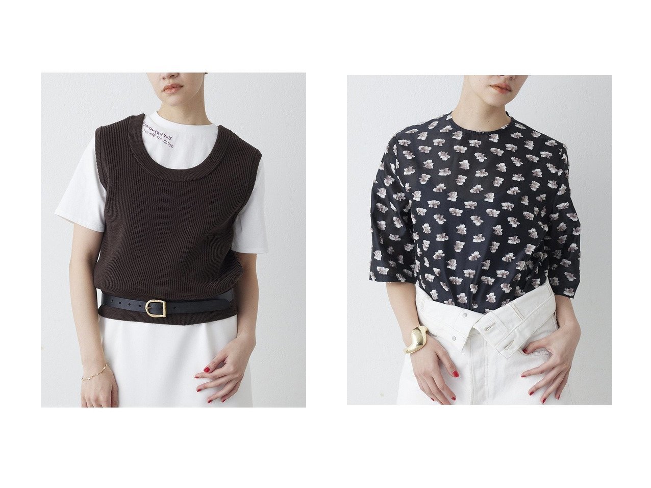 【着まわし力の高い両畦ノースリーブニットと立体フラワージャガードが映えるブラウス】Whim Gazette(ウィムガゼット)の通販
 おすすめ人気トレンドファッション通販アイテム インテリア・キッズ・メンズ・レディースファッション・服の通販 founy(ファニー) 　ファッション　Fashion　レディースファッション　Fashion for Women　トップス・カットソー　Cut & Sew Tops　ニット　Knit Tops & Sweaters　キャミソール&ノースリーブ　Camisoles & Sleeveless Tops　カジュアルプルオーバー・ニットトップス　Pullovers & Knit Tops / Casual Pullovers　シャツ・ブラウス・オフィスカジュアル　Elegant Blouses & Button-Ups　2026年　2026　おすすめ　Recommended / Our Picks　インナー　Innerwear　カットソー　Cut and Sewn Top　コンパクト　Compact, Small Size　ノースリーブ　Sleeveless, No-Sleeve　ボトム　Bottoms, Lower Wear　ミドル　Middle Length, Mid Height　夏　Summer　春　Spring　S/S・春夏　SS, Spring/Summer, Warm Season　畦　Ribbed Knit　イエロー　Yellow　オーガンジー　Organza Fabric　シアー　Sheer, See-Through　シェイプ　Shape, Slim Fit　ショート　Short, Short Length　シンプル　Simple, Minimal　ジャカード／ジャガード　Jacquard, Woven Pattern　スリーブ　Sleeve, Long Sleeve / Short Sleeve　フラワー　Flower, Floral　イエロー系　Yellow　ブラウン系　Brown　ブラック系　Black　|ID:crp329100000226919