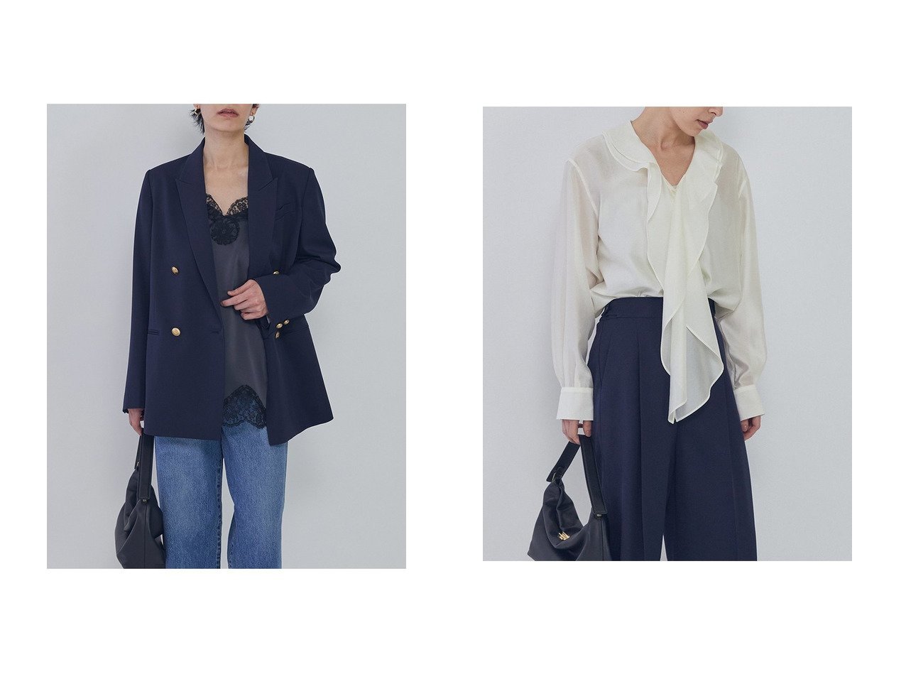 【美しい落ち感が際立つウールギャバジンジャケットとラッフルが上品に映えるVネックブラウス 端正さと華やかさを備えた大人の装い】1er Arrondissement(プルミエ アロンディスモン)の通販
 おすすめ人気トレンドファッション通販アイテム インテリア・キッズ・メンズ・レディースファッション・服の通販 founy(ファニー) 　ファッション　Fashion　レディースファッション　Fashion for Women　アウター　Coat / Outerwear Collection　レディースジャケット・軽アウター　Jackets　トップス・カットソー　Cut & Sew Tops　シャツ・ブラウス・オフィスカジュアル　Elegant Blouses & Button-Ups　Vネックトップス　V-Neck Tops / V-Cut Neckline Shirts　春　Spring　ジャケット　Jacket, Outerwear　ストライプ　Stripe, Striped Pattern　なめらか　Smooth, Silky Texture　バランス　Balance, Style Balance　S/S・春夏　SS, Spring/Summer, Warm Season　日本製　Made In Japan　夏　Summer　2026年　2026　シルク　Silk, 100% Silk　スリーブ　Sleeve, Long Sleeve / Short Sleeve　フロント　Front, Front Design　ラッフル　Ruffle, Frill　ロング　Long, Long-Length　エレガント 上品　Elegant　ブルー系　Blue　|ID:crp329100000226926