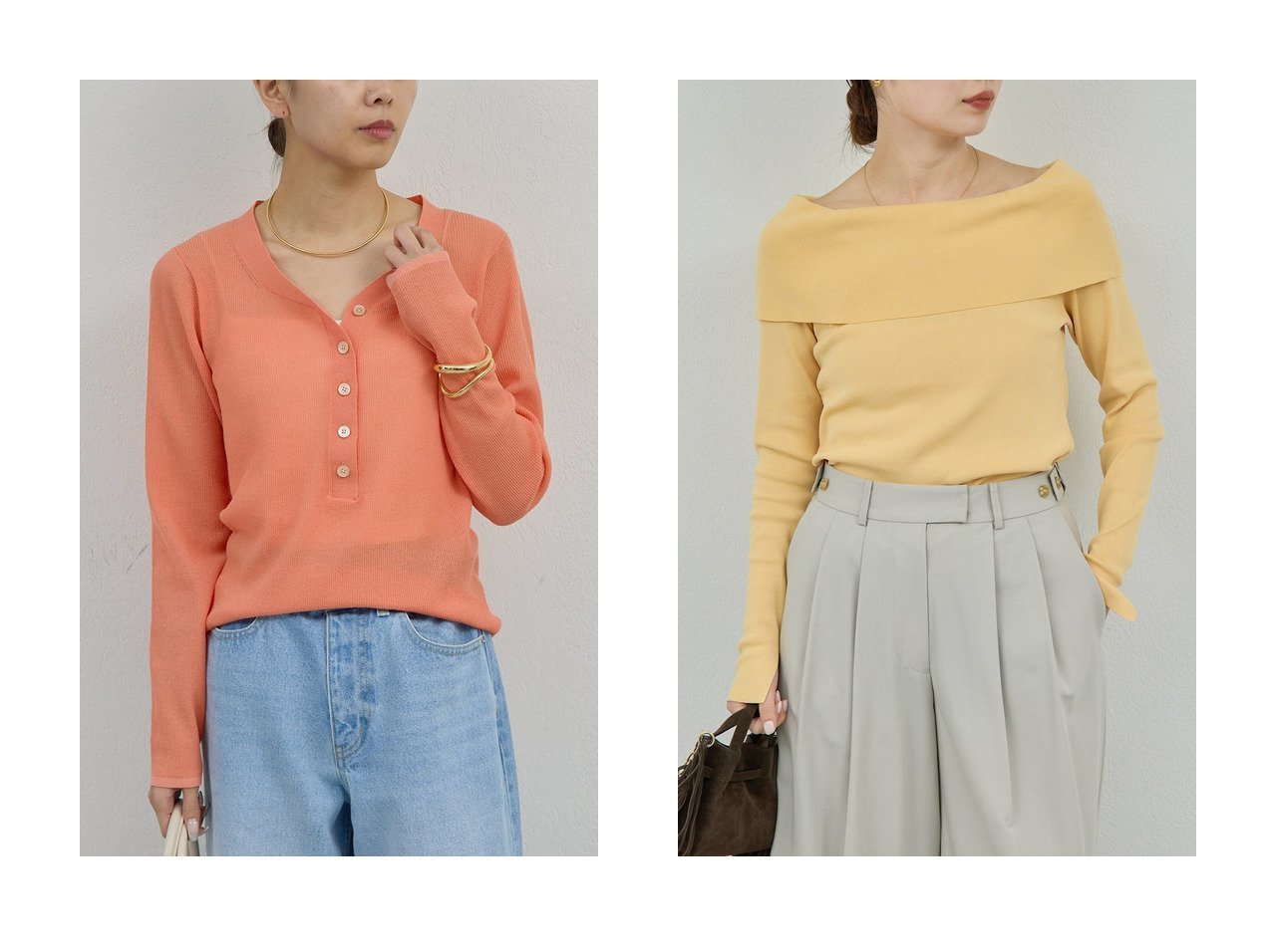 【オフショルデザインが映えるエレガントニットと透け感が軽やかなシアーヘンリーネックニット 女性らしさと着まわし力を備えた大人のトップス】GALLARDAGALANTE(ガリャルダガランテ)の通販
 おすすめ人気トレンドファッション通販アイテム インテリア・キッズ・メンズ・レディースファッション・服の通販 founy(ファニー) 　ファッション　Fashion　レディースファッション　Fashion for Women　トップス・カットソー　Cut & Sew Tops　ニット　Knit Tops & Sweaters　カジュアルプルオーバー・ニットトップス　Pullovers & Knit Tops / Casual Pullovers　2026年　2026　インナー　Innerwear　オレンジ　Orange　コンパクト　Compact, Small Size　サロペット　Overalls, Salopette　シアー　Sheer, See-Through　ジャケット　Jacket, Outerwear　夏　Summer　春　Spring　S/S・春夏　SS, Spring/Summer, Warm Season　グレー系　Gray　ピンク系　Pink　ホワイト系　White　イエロー系　Yellow　ブラック系　Black　|ID:crp329100000226951