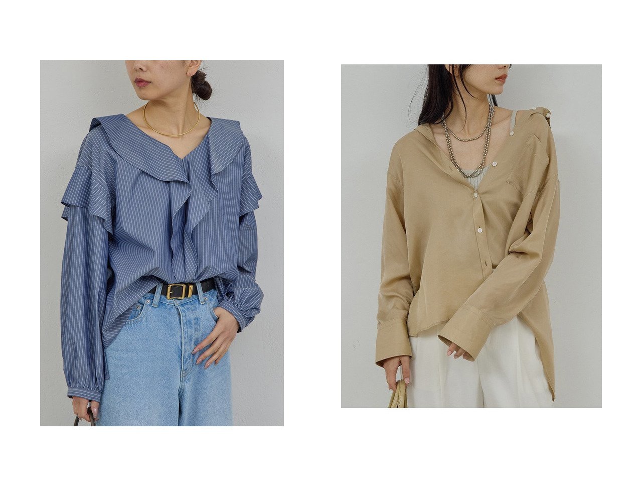 【微光沢が上品なキュプラブラウスとラッフルフリルが印象的なVネックブラウス 洗練と華やかさを備えた大人のトップス】GALLARDAGALANTE(ガリャルダガランテ)の通販
 おすすめ人気トレンドファッション通販アイテム インテリア・キッズ・メンズ・レディースファッション・服の通販 founy(ファニー) 　ファッション　Fashion　レディースファッション　Fashion for Women　トップス・カットソー　Cut & Sew Tops　シャツ・ブラウス・オフィスカジュアル　Elegant Blouses & Button-Ups　2026年　2026　エレガント 上品　Elegant　スリーブ　Sleeve, Long Sleeve / Short Sleeve　デニム　Denim, Jeans Material　フリル　Frill, Ruffle　ロング　Long, Long-Length　夏　Summer　春　Spring　S/S・春夏　SS, Spring/Summer, Warm Season　ホワイト系　White　ブルー系　Blue　|ID:crp329100000226952