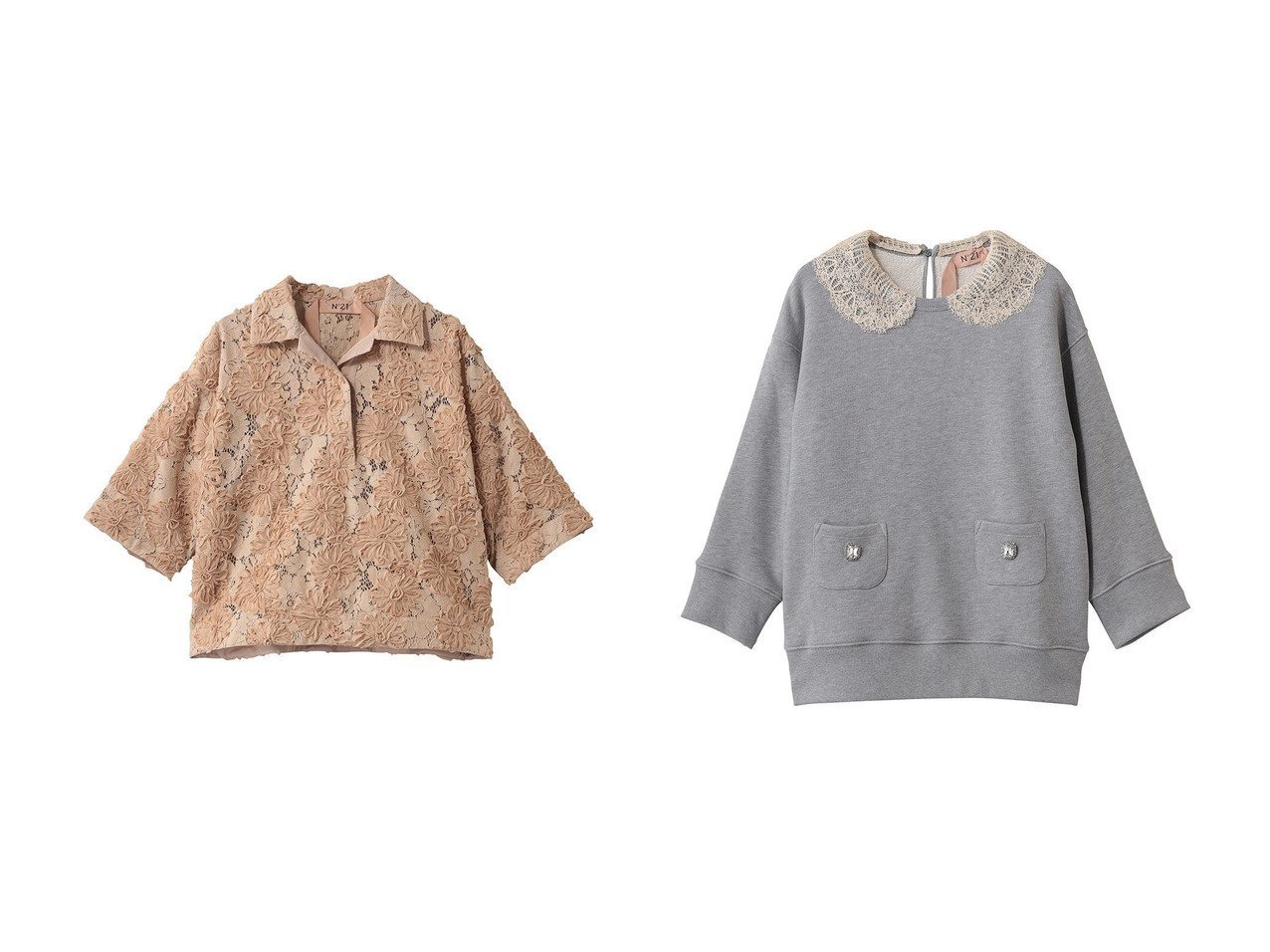 【フラワー刺しゅうが映えるデザインブラウスとレースカラーが印象的なプルオーバー 華やかさと品を備えた大人のトップス】N°21(ヌメロ ヴェントゥーノ)の通販
 おすすめ人気トレンドファッション通販アイテム インテリア・キッズ・メンズ・レディースファッション・服の通販 founy(ファニー) 　ファッション　Fashion　レディースファッション　Fashion for Women　トップス・カットソー　Cut & Sew Tops　シャツ・ブラウス・オフィスカジュアル　Elegant Blouses & Button-Ups　ポロシャツ・きれいめカジュアル　Smart-Casual Polo Tops　ロングTシャツ・Tシャツ　Longline T-Shirts & Tees　カジュアルプルオーバー・ニットトップス　Pullovers & Knit Tops / Casual Pullovers　カットソー・ベーシックTシャツ　Cut-and-Sewn Tops / Stretch Tees & Basics　2026年　2026　スポーティ　Sporty, Casual Athletic　スリーブ　Sleeve, Long Sleeve / Short Sleeve　フォルム　Silhouette, Form　フラワー　Flower, Floral　ポロシャツ　Polo Shirt, Collared Tee　ワイド　Wide, Wide Fit　夏　Summer　春　Spring　S/S・春夏　SS, Spring/Summer, Warm Season　レッド系　Red　ブルー系　Blue　グレー系　Gray　|ID:crp329100000226960