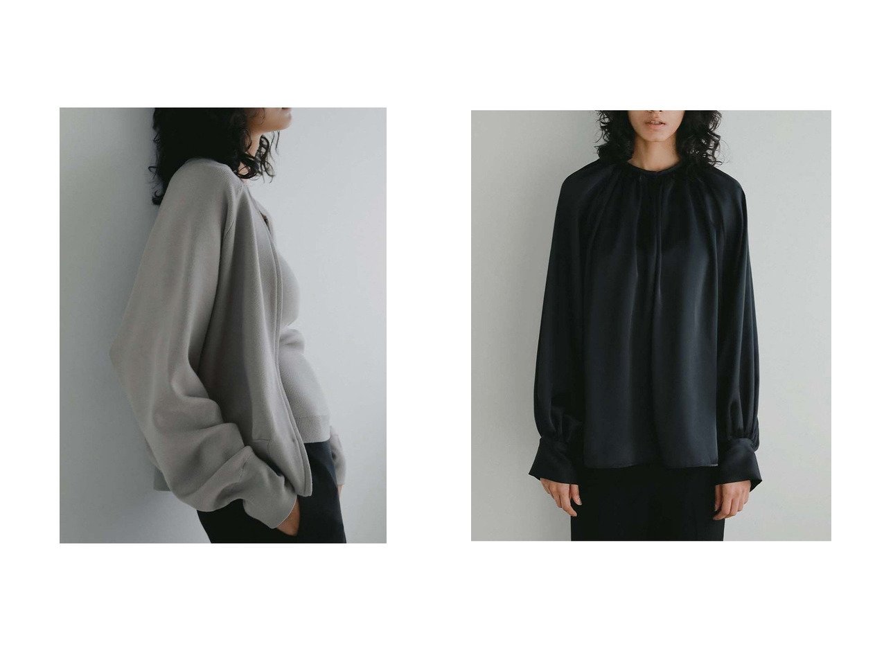 【艶と落ち感が美しいギャザーサテンブラウスと両開きジップが印象的なニットジップアップブルゾン 上品さと抜け感を備えた大人の装い】HER.(ハー)の通販
 おすすめ人気トレンドファッション通販アイテム インテリア・キッズ・メンズ・レディースファッション・服の通販 founy(ファニー) 　ファッション　Fashion　レディースファッション　Fashion for Women　アウター　Coat / Outerwear Collection　レディースジャケット・軽アウター　Jackets　ブルゾンジャケット・スポーティアウター　Blouson Jackets　トップス・カットソー　Cut & Sew Tops　シャツ・ブラウス・オフィスカジュアル　Elegant Blouses & Button-Ups　サテン　Satin, Glossy Fabric　ジャケット　Jacket, Outerwear　ブルゾン　Blouson, Bomber Jacket　ボトム　Bottoms, Lower Wear　リラックス　Relax, Relaxed Fit　新作・新入荷　New Arrivals / New In　ブルー系　Blue　ベージュ系　Beige　ブラック系　Black　ホワイト系　White　|ID:crp329100000226967