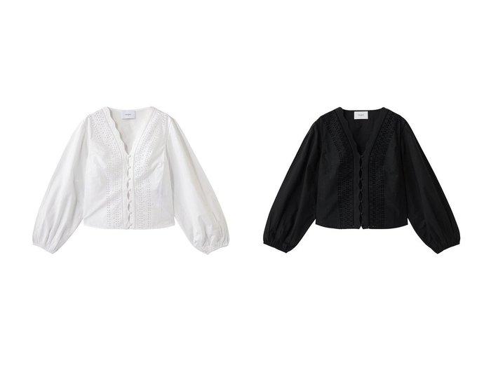 清涼感あるアイレットレースとVネックが映えるフェミニンブラウス 上品なボリュームスリーブが魅力 MERLETTE(マーレット)の通販
 おすすめ人気トレンドファッション通販アイテム インテリア・キッズ・メンズ・レディースファッション・服の通販 founy(ファニー) https://founy.com/ ファッション Fashion レディースファッション Fashion for Women トップス・カットソー Cut & Sew Tops シャツ・ブラウス・オフィスカジュアル Elegant Blouses & Button-Ups Vネックトップス V-Neck Tops / V-Cut Neckline Shirts 2026年 2026 アイレット Eyelet Lace エレガント 上品 Elegant ショート Short, Short Length スカラップ Scallop, Scalloped Edge スリーブ Sleeve, Long Sleeve / Short Sleeve ドレス Dress, One-Piece フェミニン Feminine, Girly フレア Flare, Flared ロング Long, Long-Length 夏 Summer 春 Spring S/S・春夏 SS, Spring/Summer, Warm Season |ID:crp329100000226978