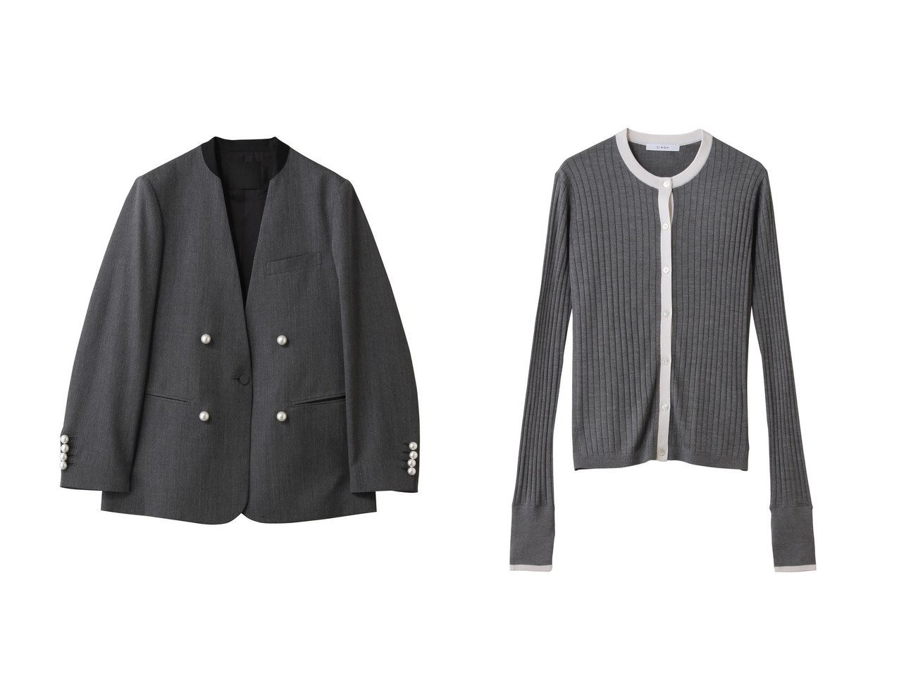 マニッシュな品格が際立つノーカラーフォーマルジャケットと配色が映えるシルクリブカーディガン 端正で上質な佇まい CINOH(チノ)の通販
 おすすめ人気トレンドファッション通販アイテム インテリア・キッズ・メンズ・レディースファッション・服の通販 founy(ファニー) 　ファッション　Fashion　レディースファッション　Fashion for Women　アウター　Coat / Outerwear Collection　レディースジャケット・軽アウター　Jackets　ノーカラージャケット / シンプル上品コーデ　Collarless Jackets　トップス・カットソー　Cut & Sew Tops　ニット　Knit Tops & Sweaters　カーディガン・羽織り　Layered Style Cardigans　2026年　2026　ジャケット　Jacket, Outerwear　パール　Pearl, Pearl Accent　フォーマル　Formal, Dressy　マニッシュ　Mannish, Boyish　エレガント 上品　Elegant　夏　Summer　春　Spring　S/S・春夏　SS, Spring/Summer, Warm Season　グレー系　Gray　|ID:crp329100000226979