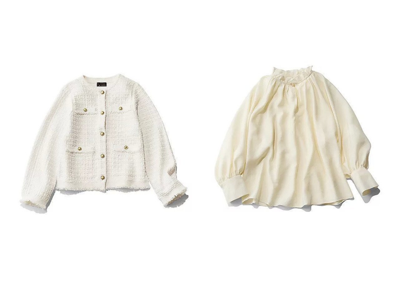 フリルギャザーが映える大人フェミニンブラウスとツイード調ニットカーディガン 上品さと着映えを叶える M7days(エムセブンデイズ)の通販
 おすすめ人気トレンドファッション通販アイテム インテリア・キッズ・メンズ・レディースファッション・服の通販 founy(ファニー) 　ファッション　Fashion　レディースファッション　Fashion for Women　トップス・カットソー　Cut & Sew Tops　シャツ・ブラウス・オフィスカジュアル　Elegant Blouses & Button-Ups　カーゴパンツ　Cargo Pants, Utility Pants　カーディガン　Cardigan, Knitwear　ジャケット　Jacket, Outerwear　ツイード　Twill, Twill Weave　デニム　Denim, Jeans Material　フリンジ　Fringe, Tassel　ポケット　Pocket, Pocket Detail　ミックス　Mix, Mixed Style　メタル　Metal, Metal Parts　ビジネス 仕事 通勤　Business / Work / Commuting　洗える　Machine Washable　ブルー系　Blue　ホワイト系　White　|ID:crp329100000227021