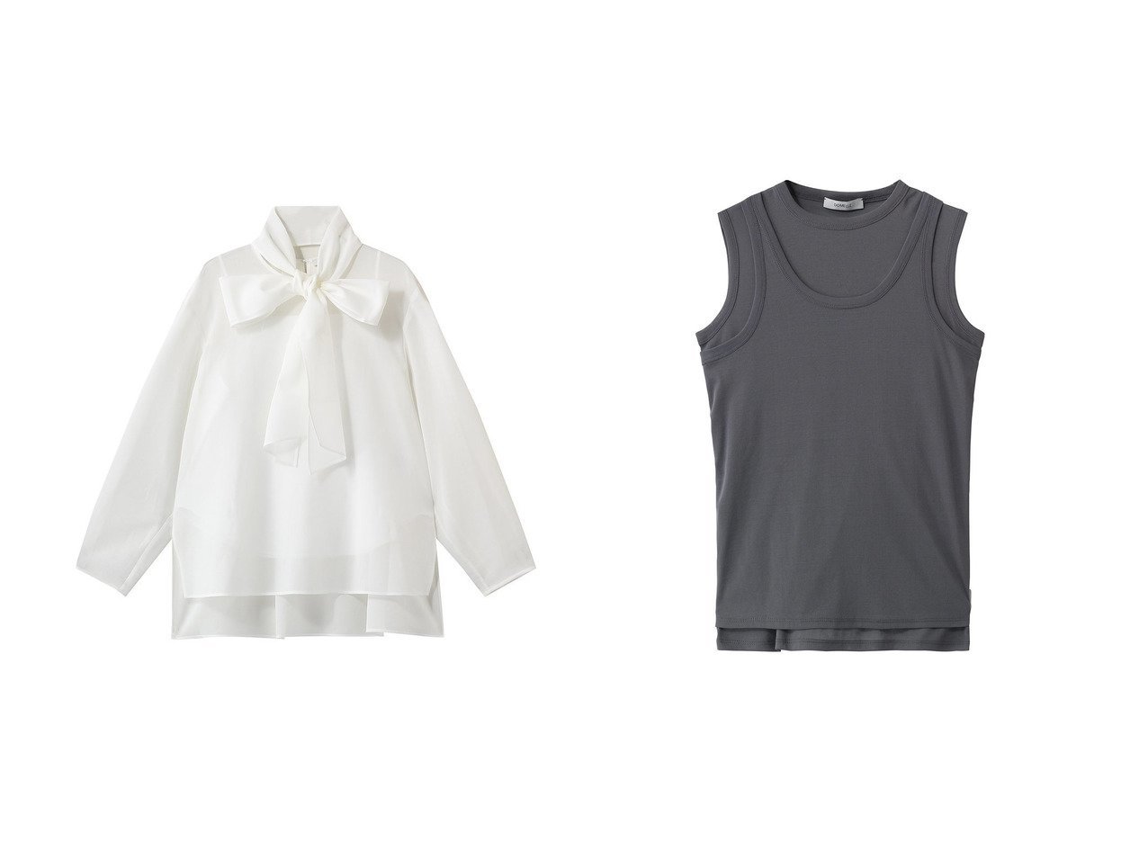 【重ね着で表情が広がるツインレイヤータンクとボウタイが映えるブラウス。素材感とシルエットで楽しむ洗練されたレイヤード】DOMELLE(ドメル)の通販
 おすすめ人気トレンドファッション通販アイテム インテリア・キッズ・メンズ・レディースファッション・服の通販 founy(ファニー) 　ファッション　Fashion　レディースファッション　Fashion for Women　トップス・カットソー　Cut & Sew Tops　シャツ・ブラウス・オフィスカジュアル　Elegant Blouses & Button-Ups　キャミソール&ノースリーブ　Camisoles & Sleeveless Tops　ロングTシャツ・Tシャツ　Longline T-Shirts & Tees　カットソー・ベーシックTシャツ　Cut-and-Sewn Tops / Stretch Tees & Basics　2026年　2026　おすすめ　Recommended / Our Picks　インナー　Innerwear　シアー　Sheer, See-Through　スリーブ　Sleeve, Long Sleeve / Short Sleeve　テクスチャー　Texture, Textured Fabric　バランス　Balance, Style Balance　フランス　France, French　ボックス　Boxy, Box Shape　ロング　Long, Long-Length　ワイド　Wide, Wide Fit　夏　Summer　春　Spring　S/S・春夏　SS, Spring/Summer, Warm Season　ホワイト系　White　ブルー系　Blue　ブラック系　Black　グレー系　Gray　ピンク系　Pink　|ID:crp329100000227055