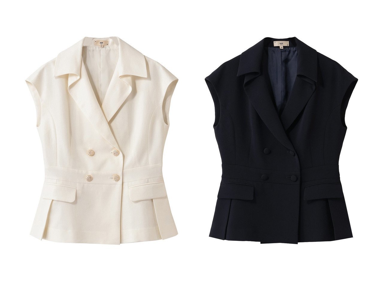 【落ち感が映えるトリアセテートのスリーブレスダブルジャケットと造形美が際立つノースリーブジャケット。上品な光沢とドレープで魅せる端正な佇まい】MW(エムダブリュー)の通販
 おすすめ人気トレンドファッション通販アイテム インテリア・キッズ・メンズ・レディースファッション・服の通販 founy(ファニー) 　ファッション　Fashion　レディースファッション　Fashion for Women　アウター　Coat / Outerwear Collection　レディースジャケット・軽アウター　Jackets　インナー　Innerwear　カットソー　Cut and Sewn Top　ジャケット　Jacket, Outerwear　セットアップ　Set-Up, Coordinated Outfit　ダブル　Double, Double-Breasted　ドレープ　Drape, Draping Fabric　ノースリーブ　Sleeveless, No-Sleeve　ベスト　Vest, Waistcoat　リネン　Linen, Linen Fabric　エレガント 上品　Elegant　夏　Summer　新作・新入荷　New Arrivals / New In　春　Spring　S/S・春夏　SS, Spring/Summer, Warm Season　スリーブ　Sleeve, Long Sleeve / Short Sleeve　マニッシュ　Mannish, Boyish　ブラック系　Black　|ID:crp329100000227060