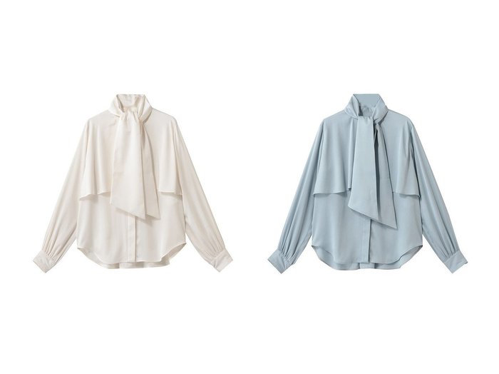 【光沢と落ち感が映えるボウタイ付きラッフルブラウス。サテンアムンゼンの上品な表情と軽やかな着心地】DESIGN WORKS(デザイン ワークス)の通販
 おすすめ人気トレンドファッション通販アイテム 人気、トレンドファッション・服の通販 founy(ファニー) ファッション Fashion レディースファッション Fashion for Women トップス・カットソー Cut & Sew Tops シャツ・ブラウス・オフィスカジュアル Elegant Blouses & Button-Ups スリーブ Sleeve, Long Sleeve / Short Sleeve ロング Long, Long-Length エレガント 上品 Elegant 新作・新入荷 New Arrivals / New In |ID:crp329100000227069