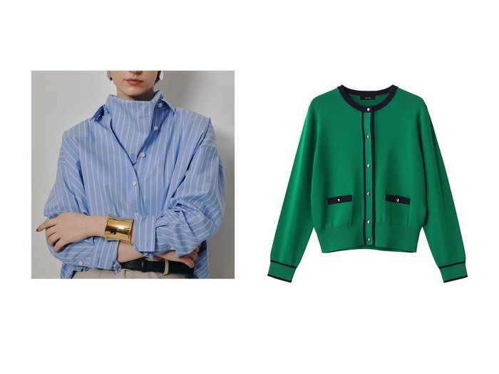 配色クルーカーディガンとスカーフ付きストライプバルーンシャツで叶える上品スタイル アルアバイル(allureville)の通販
 おすすめ人気トレンドファッション通販アイテム 人気、トレンドファッション・服の通販 founy(ファニー) ファッション Fashion レディースファッション Fashion for Women トップス・カットソー Cut & Sew Tops ニット Knit Tops & Sweaters カーディガン・羽織り Layered Style Cardigans シャツ・ブラウス・オフィスカジュアル Elegant Blouses & Button-Ups 2026年 2026 カーディガン Cardigan, Knitwear ジャケット Jacket, Outerwear エレガント 上品 Elegant 夏 Summer 春 Spring S/S・春夏 SS, Spring/Summer, Warm Season |ID:crp329100000227101