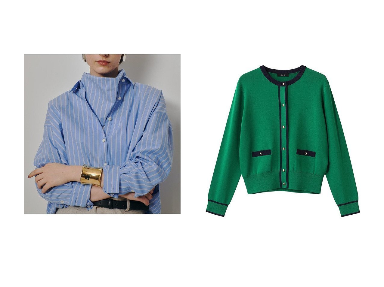 配色クルーカーディガンとスカーフ付きストライプバルーンシャツで叶える上品スタイル アルアバイル(allureville)の通販
 おすすめ人気トレンドファッション通販アイテム インテリア・キッズ・メンズ・レディースファッション・服の通販 founy(ファニー) 　ファッション　Fashion　レディースファッション　Fashion for Women　トップス・カットソー　Cut & Sew Tops　ニット　Knit Tops & Sweaters　カーディガン・羽織り　Layered Style Cardigans　シャツ・ブラウス・オフィスカジュアル　Elegant Blouses & Button-Ups　2026年　2026　カーディガン　Cardigan, Knitwear　ジャケット　Jacket, Outerwear　エレガント 上品　Elegant　夏　Summer　春　Spring　S/S・春夏　SS, Spring/Summer, Warm Season　グリーン系　Green　ブルー系　Blue　|ID:crp329100000227101