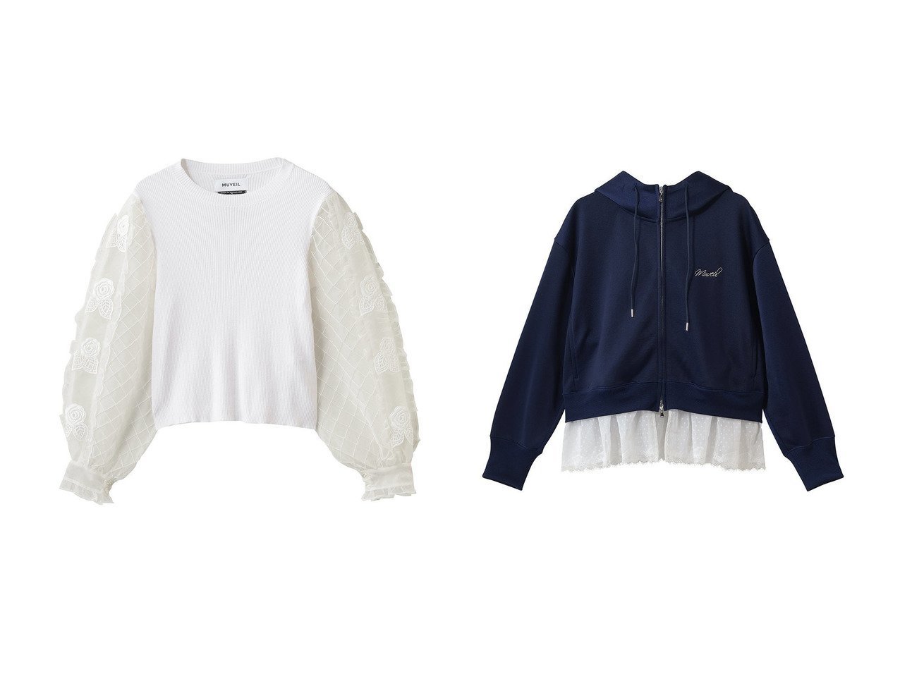 【MUVEIL/ミュベール】の裾レース裏毛パーカー&シアータックスリーブニットプルオーバー おすすめ人気トレンドファッション通販アイテム インテリア・キッズ・メンズ・レディースファッション・服の通販 founy(ファニー) 　ファッション　Fashion　レディースファッション　Fashion for Women　トップス・カットソー　Cut & Sew Tops　ニット　Knit Tops & Sweaters　カジュアルプルオーバー・ニットトップス　Pullovers & Knit Tops / Casual Pullovers　シャツ・ブラウス・オフィスカジュアル　Elegant Blouses & Button-Ups　レディースパーカー・カジュアルフーディー　Casual Hoodies & Sweatshirts　ロングTシャツ・Tシャツ　Longline T-Shirts & Tees　スウェット・クルーネックトップス　Sweatshirts & Crewnecks / Relaxed Fit Sweat Tops　カットソー・ベーシックTシャツ　Cut-and-Sewn Tops / Stretch Tees & Basics　オーガンジー　Organza Fabric　ギャザー　Gathered, Ruffled　シフォン　Chiffon, Lightweight Fabric　フィット　Fit, Slim Fit　モチーフ　Motif, Design Theme　レース　Lace, Lace Fabric　エレガント 上品　Elegant　新作・新入荷　New Arrivals / New In　ホワイト系　White　ブルー系　Blue　|ID:crp329100000227135