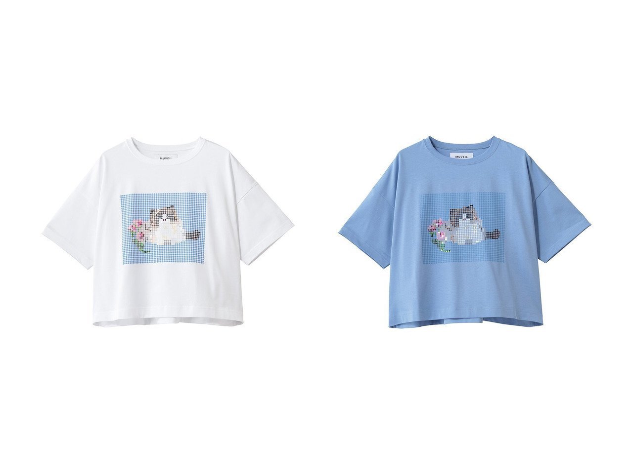 刺しゅうとプリントが引き立つ立体感ある華やかなコットンTシャツ ミュベール(MUVEIL)の通販 おすすめ人気トレンドファッション通販アイテム インテリア・キッズ・メンズ・レディースファッション・服の通販 founy(ファニー) 　ファッション　Fashion　レディースファッション　Fashion for Women　トップス・カットソー　Cut & Sew Tops　シャツ・ブラウス・オフィスカジュアル　Elegant Blouses & Button-Ups　ロングTシャツ・Tシャツ　Longline T-Shirts & Tees　カットソー・ベーシックTシャツ　Cut-and-Sewn Tops / Stretch Tees & Basics　グラフィック　Graphic, Graphic Design　ショート　Short, Short Length　スパンコール　Sequins, Sequin Embellishment　スリーブ　Sleeve, Long Sleeve / Short Sleeve　ドット　Polka Dot, Dot Pattern　バランス　Balance, Style Balance　プリント　Print, Printed Pattern　新作・新入荷　New Arrivals / New In　ホワイト系　White　ブルー系　Blue　|ID:crp329100000227140