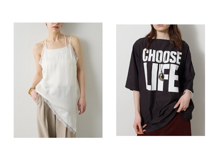 スローガンプリントが映える別注Tブラウスとレースサテンのキャミブラウスで楽しむ上品なスタイル ウィムガゼット(Whim Gazette)の通販 おすすめ人気トレンドファッション通販アイテム 人気、トレンドファッション・服の通販 founy(ファニー) 　ファッション　Fashion　レディースファッション　Fashion for Women　トップス・カットソー　Cut & Sew Tops　キャミソール&ノースリーブ　Camisoles & Sleeveless Tops　シャツ・ブラウス・オフィスカジュアル　Elegant Blouses & Button-Ups　おすすめ　Recommended / Our Picks　エレガント 上品　Elegant　カットソー　Cut and Sewn Top　キャミソール　Camisole, Spaghetti Strap Top　キュプラ　Cupro, Eco Fabric　サテン　Satin, Glossy Fabric　タンク　Tank Top, Sleeveless Top　ノースリーブ　Sleeveless, No-Sleeve　ボトム　Bottoms, Lower Wear　レース　Lace, Lace Fabric　新作・新入荷　New Arrivals / New In　|ID:crp329100000227157