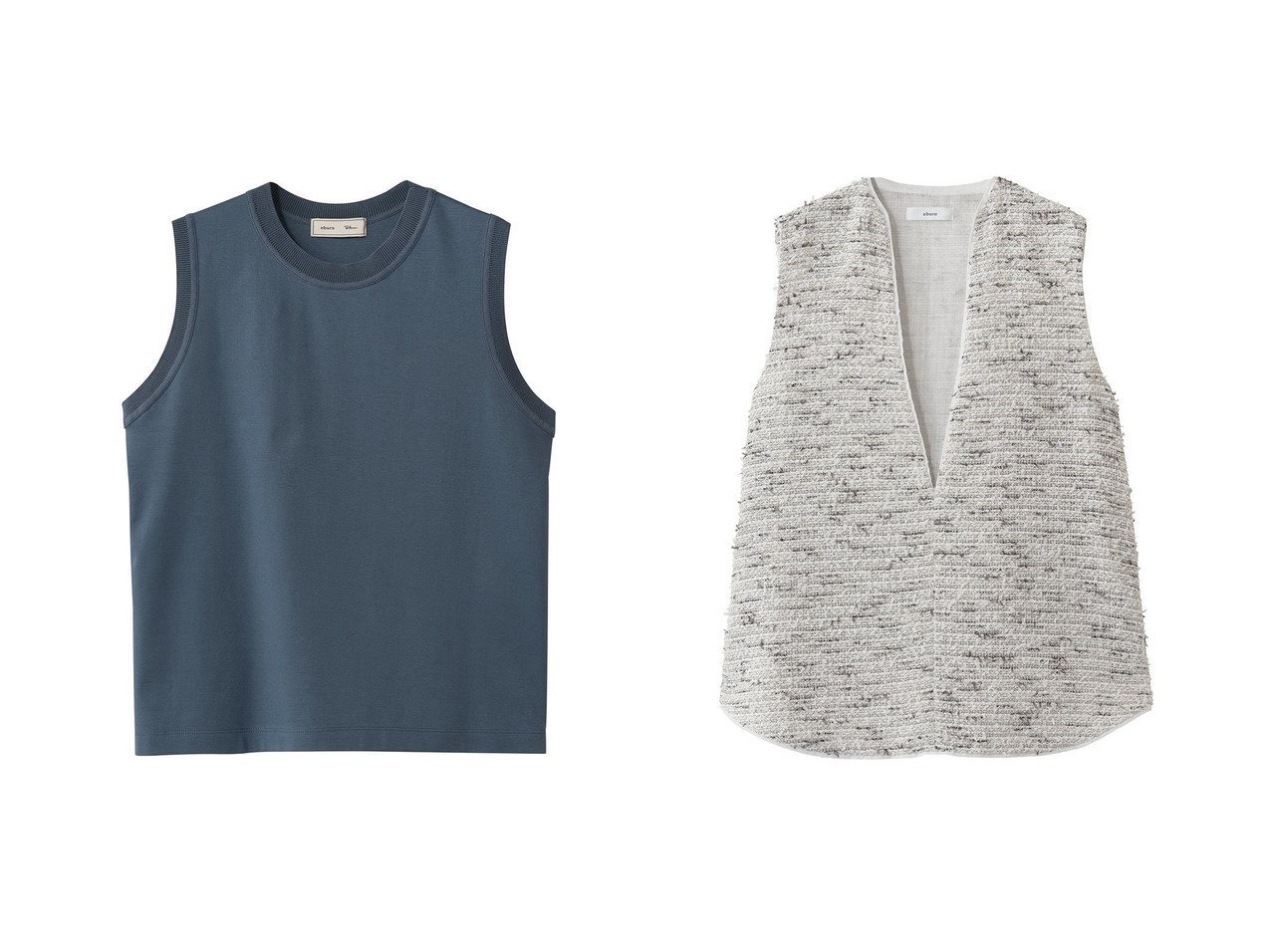 ファンシーツイードのVネックブラウスと光沢コットンポンチのスリーブレストップで楽しむ軽やかなレイヤードスタイル エブール(ebure)の通販 おすすめ人気トレンドファッション通販アイテム インテリア・キッズ・メンズ・レディースファッション・服の通販 founy(ファニー) 　ファッション　Fashion　レディースファッション　Fashion for Women　トップス・カットソー　Cut & Sew Tops　ニット　Knit Tops & Sweaters　シャツ・ブラウス・オフィスカジュアル　Elegant Blouses & Button-Ups　ロングTシャツ・Tシャツ　Longline T-Shirts & Tees　カットソー・ベーシックTシャツ　Cut-and-Sewn Tops / Stretch Tees & Basics　キャミソール&ノースリーブ　Camisoles & Sleeveless Tops　カットソー　Cut and Sewn Top　コラボ　Collaboration, Collab　ショート　Short, Short Length　シンプル　Simple, Minimal　スリーブ　Sleeve, Long Sleeve / Short Sleeve　タンク　Tank Top, Sleeveless Top　パターン　Pattern, Design Print　エレガント 上品　Elegant　新作・新入荷　New Arrivals / New In　ホワイト系　White　ブルー系　Blue　ブラック系　Black　|ID:crp329100000227179