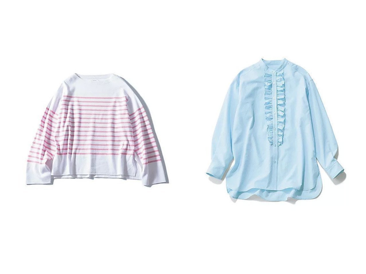 【12closet/トゥエルブクローゼット】の【洗える】ボートネックボーダーニット&【福田麻琴さんコラボ】【洗える】【接触冷感】フロントフリルブラウス おすすめ人気トレンドファッション通販アイテム インテリア・キッズ・メンズ・レディースファッション・服の通販 founy(ファニー) 　ファッションモデル・俳優・女優　Models　女性　Women　福田麻琴　Fukuda Makoto　ファッション　Fashion　レディースファッション　Fashion for Women　トップス・カットソー　Cut & Sew Tops　ニット　Knit Tops & Sweaters　シャツ・ブラウス・オフィスカジュアル　Elegant Blouses & Button-Ups　おすすめ　Recommended / Our Picks　イエロー　Yellow　カットソー　Cut and Sewn Top　スリット　Slit, Slit Detail　ボーダー　Border, Stripe　ワイド　Wide, Wide Fit　定番　Standard, Basic Item　春　Spring　洗える　Machine Washable　レッド系　Red　イエロー系　Yellow　ブルー系　Blue　|ID:crp329100000227221