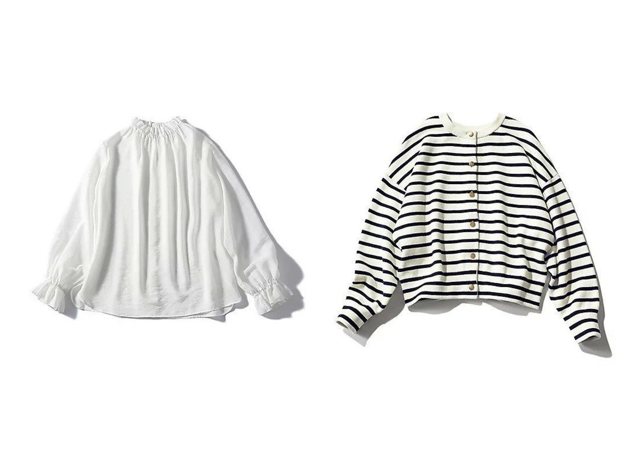 上質素材と華やかなディテールで魅せる洗練トップス【12closet(トゥエルブクローゼット)】の通販 おすすめ人気トレンドファッション通販アイテム インテリア・キッズ・メンズ・レディースファッション・服の通販 founy(ファニー) 　ファッション　Fashion　レディースファッション　Fashion for Women　トップス・カットソー　Cut & Sew Tops　シャツ・ブラウス・オフィスカジュアル　Elegant Blouses & Button-Ups　ニット　Knit Tops & Sweaters　インナー　Innerwear　スタンド　Stand Collar, Upright Stand　フリル　Frill, Ruffle　ワッシャー　Washer, Crinkled Finish　春　Spring　洗える　Machine Washable　ビジネス 仕事 通勤　Business / Work / Commuting　コラボ　Collaboration, Collab　シルバー　Silver, Metallic Silver　ジャカード／ジャガード　Jacquard, Woven Pattern　スウェット / スエット　Sweatshirt, Sweatwear　ダブル　Double, Double-Breasted　ボーダー　Border, Stripe　メタル　Metal, Metal Parts　ホワイト系　White　ブルー系　Blue　ベージュ系　Beige　オレンジ系　Orange　グレー系　Gray　|ID:crp329100000227268