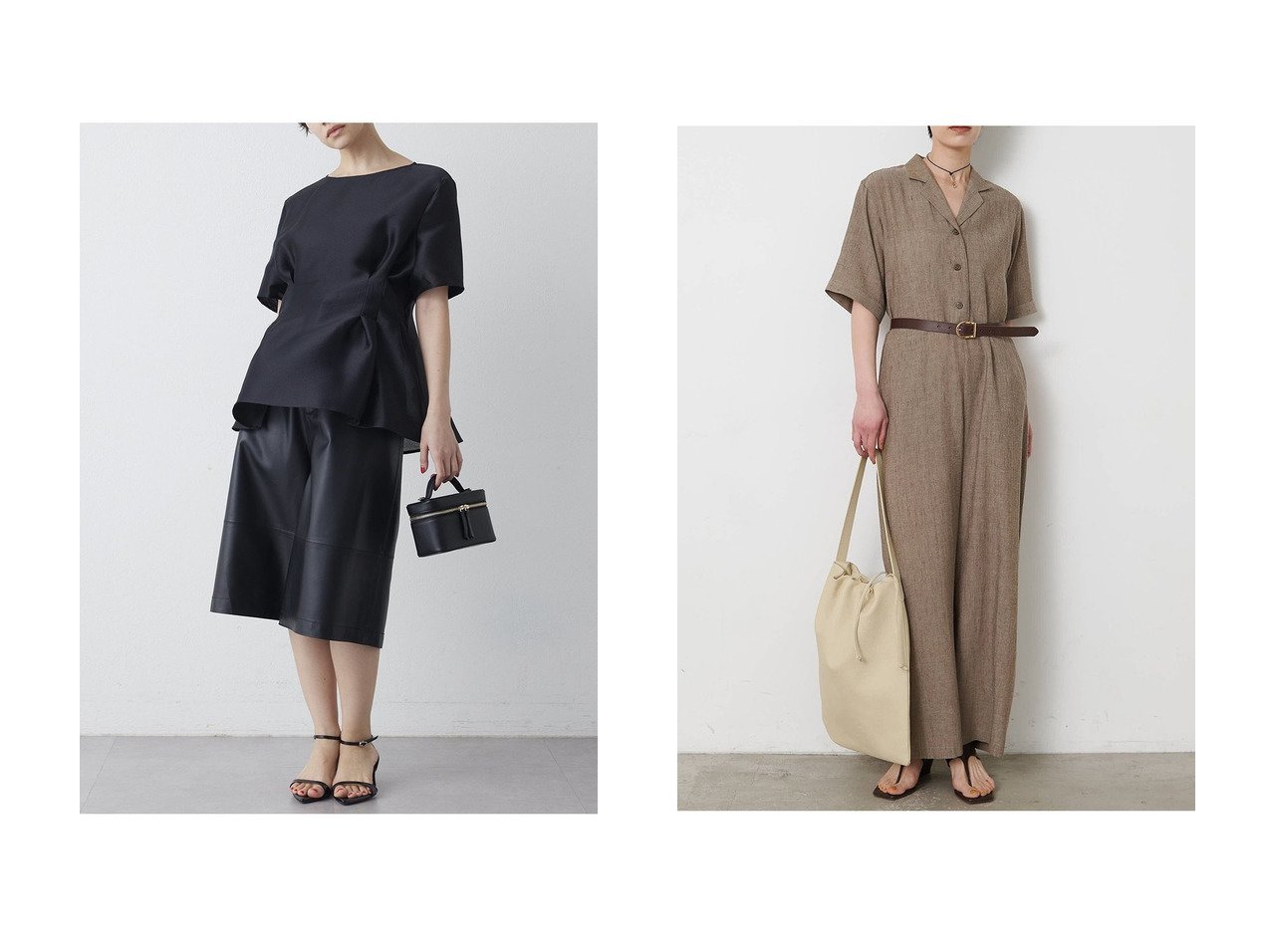 リネン混ジャンプスーツとオーガンジーペプラムブラウスで楽しむ軽やかさと華やぎのある着こなし THE PAUSE(ザ ポーズ)の通販 おすすめ人気トレンドファッション通販アイテム インテリア・キッズ・メンズ・レディースファッション・服の通販 founy(ファニー) 　ファッション　Fashion　レディースファッション　Fashion for Women　トップス・カットソー　Cut & Sew Tops　シャツ・ブラウス・オフィスカジュアル　Elegant Blouses & Button-Ups　パンツ　Pants & Trousers　エレガント 上品　Elegant　オーガンジー　Organza Fabric　ショート　Short, Short Length　シルク　Silk, 100% Silk　スリーブ　Sleeve, Long Sleeve / Short Sleeve　フォルム　Silhouette, Form　ペプラム　Peplum, Flared Hem　新作・新入荷　New Arrivals / New In　ホワイト系　White　ブラック系　Black　ブラウン系　Brown　|ID:crp329100000227283