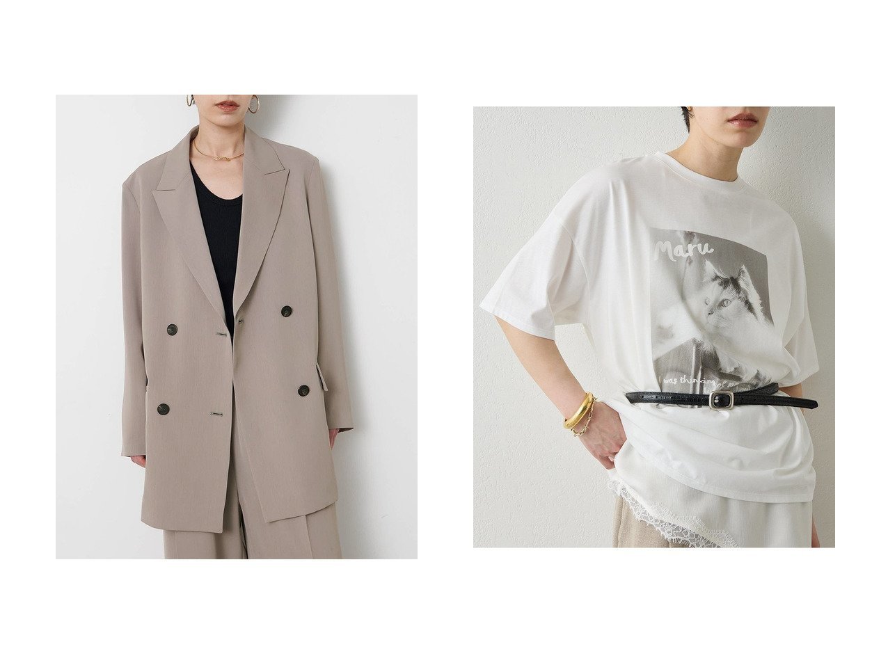 CATフォトTシャツとダブルジャケットで楽しむ抜け感と上品さを兼ね備えたスタイリング Whim Gazette(ウィムガゼット)の通販 おすすめ人気トレンドファッション通販アイテム インテリア・キッズ・メンズ・レディースファッション・服の通販 founy(ファニー) 　ファッション　Fashion　レディースファッション　Fashion for Women　アウター　Coat / Outerwear Collection　レディースジャケット・軽アウター　Jackets　トップス・カットソー　Cut & Sew Tops　シャツ・ブラウス・オフィスカジュアル　Elegant Blouses & Button-Ups　ロングTシャツ・Tシャツ　Longline T-Shirts & Tees　カットソー・ベーシックTシャツ　Cut-and-Sewn Tops / Stretch Tees & Basics　おすすめ　Recommended / Our Picks　クラシック　Classic, Timeless Style　ジャケット　Jacket, Outerwear　セットアップ　Set-Up, Coordinated Outfit　ダブル　Double, Double-Breasted　ドレープ　Drape, Draping Fabric　バランス　Balance, Style Balance　モダン　Modern, Contemporary　リラックス　Relax, Relaxed Fit　新作・新入荷　New Arrivals / New In　グレー系　Gray　ベージュ系　Beige　ホワイト系　White　|ID:crp329100000227303