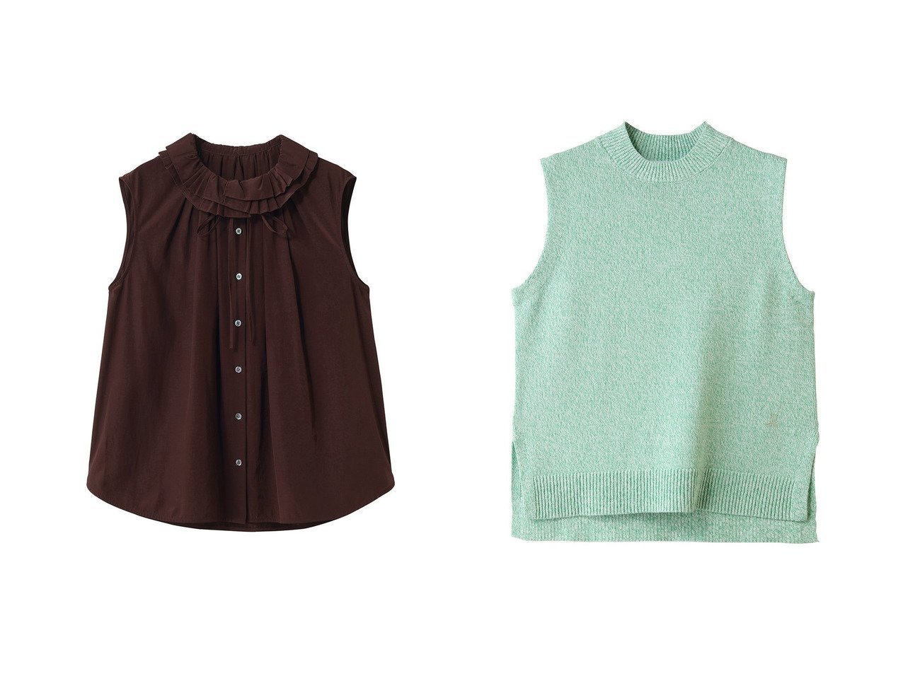 ノースリーブニットとフリルブラウスで楽しむ涼やかで上品なスタイリング LANVIN en Bleu(ランバン オン ブルー)の通販 おすすめ人気トレンドファッション通販アイテム インテリア・キッズ・メンズ・レディースファッション・服の通販 founy(ファニー) 　ファッション　Fashion　レディースファッション　Fashion for Women　トップス・カットソー　Cut & Sew Tops　キャミソール&ノースリーブ　Camisoles & Sleeveless Tops　シャツ・ブラウス・オフィスカジュアル　Elegant Blouses & Button-Ups　ニット　Knit Tops & Sweaters　カジュアルプルオーバー・ニットトップス　Pullovers & Knit Tops / Casual Pullovers　ノースリーブ　Sleeveless, No-Sleeve　フリル　Frill, Ruffle　新作・新入荷　New Arrivals / New In　ブラック系　Black　ブルー系　Blue　グリーン系　Green　レッド系　Red　オレンジ系　Orange　|ID:crp329100000227313