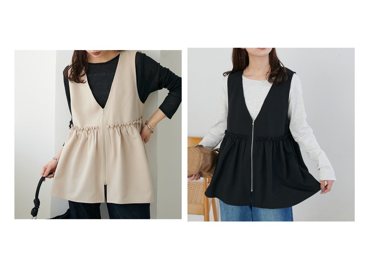 【ギャザーデザインで楽しむレイヤードジップベスト】Discoat(ディスコート)の通販 おすすめ人気トレンドファッション通販アイテム インテリア・キッズ・メンズ・レディースファッション・服の通販 founy(ファニー) 　ファッション　Fashion　レディースファッション　Fashion for Women　アウター　Coat / Outerwear Collection　トップス・カットソー　Cut & Sew Tops　ベスト&ジレ / 重ね着スタイル　Vests & Gilets　おすすめ　Recommended / Our Picks　カットソー　Cut and Sewn Top　カーゴパンツ　Cargo Pants, Utility Pants　ギャザー　Gathered, Ruffled　シアー　Sheer, See-Through　ジップ　Zip, Zipper　スラックス　Slacks, Dress Pants　チュニック　Tunic, Long Top　デニム　Denim, Jeans Material　トレンド　Trend, Trending Now　フェミニン　Feminine, Girly　リブニット　Rib Knit, Ribbed Knit　羽織　Haori, Light Jacket　ベージュ系　Beige　グレー系　Gray　ブラック系　Black　|ID:crp329100000227390