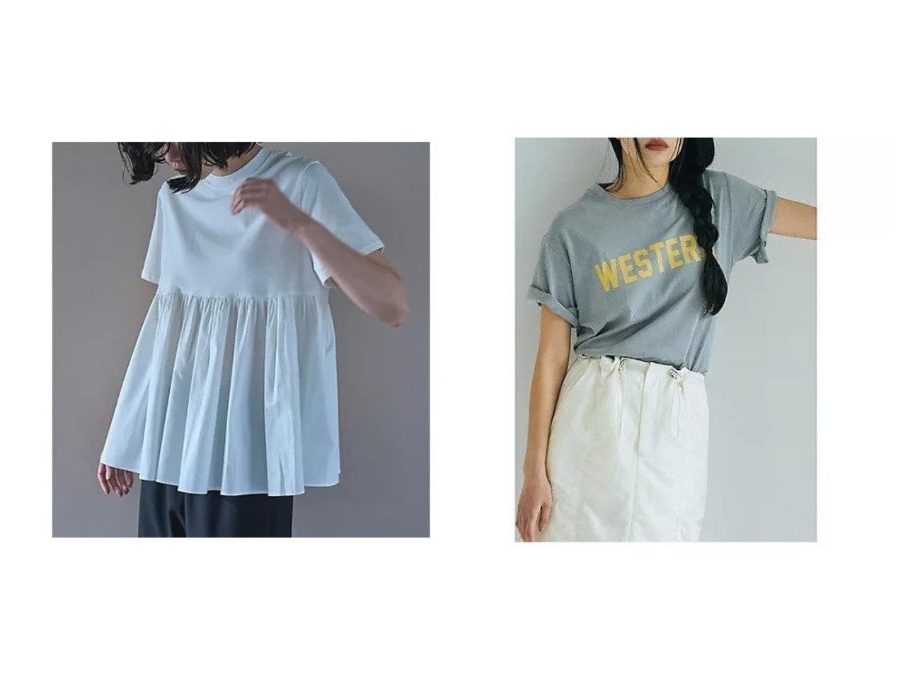 【くすみカラーTシャツと異素材ペプラムトップスで叶える大人のカジュアルスタイル】marjour(マージュール)の通販 おすすめ人気トレンドファッション通販アイテム インテリア・キッズ・メンズ・レディースファッション・服の通販 founy(ファニー) 　ファッション　Fashion　レディースファッション　Fashion for Women　インナー　Innerwear　洗える　Machine Washable　ストレッチ　Stretch, Stretchy Fabric　トレンド　Trend, Trending Now　ドッキング　Docking, Mixed Material　ベーシック　Basic, Essential　ペプラム　Peplum, Flared Hem　半袖　Short Sleeve, Half Sleeve　ロング　Long, Long-Length　ワイド　Wide, Wide Fit　おすすめ　Recommended / Our Picks　イエロー　Yellow　シンプル　Simple, Minimal　デニム　Denim, Jeans Material　ポケット　Pocket, Pocket Detail　リラックス　Relax, Relaxed Fit　ホワイト系　White　グレー系　Gray　ブルー系　Blue　レッド系　Red　|ID:crp329100000227416