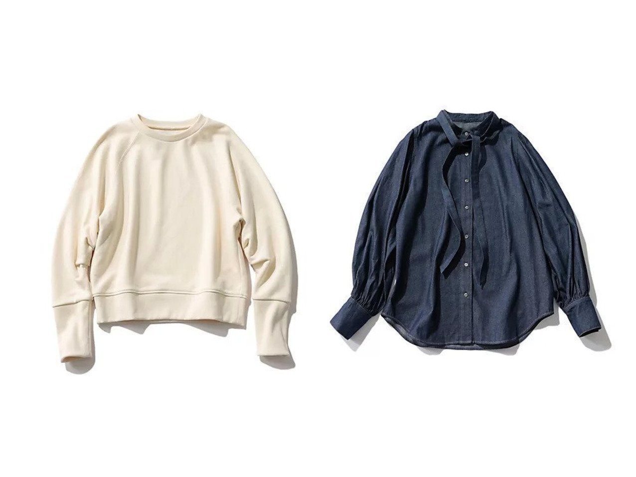 【上品見えスウェットとボウタイデニムブラウスで楽しむきれいめカジュアルスタイル】suadeo(スアデオ)の通販 おすすめ人気トレンドファッション通販アイテム インテリア・キッズ・メンズ・レディースファッション・服の通販 founy(ファニー) 　ファッション　Fashion　レディースファッション　Fashion for Women　トップス・カットソー　Cut & Sew Tops　レディースパーカー・カジュアルフーディー　Casual Hoodies & Sweatshirts　スウェット・クルーネックトップス　Sweatshirts & Crewnecks / Relaxed Fit Sweat Tops　シャツ・ブラウス・オフィスカジュアル　Elegant Blouses & Button-Ups　コラボ　Collaboration, Collab　スウェット / スエット　Sweatshirt, Sweatwear　セットアップ　Set-Up, Coordinated Outfit　エレガント 上品　Elegant　洗える　Machine Washable　イエロー系　Yellow　ブルー系　Blue　|ID:crp329100000227418