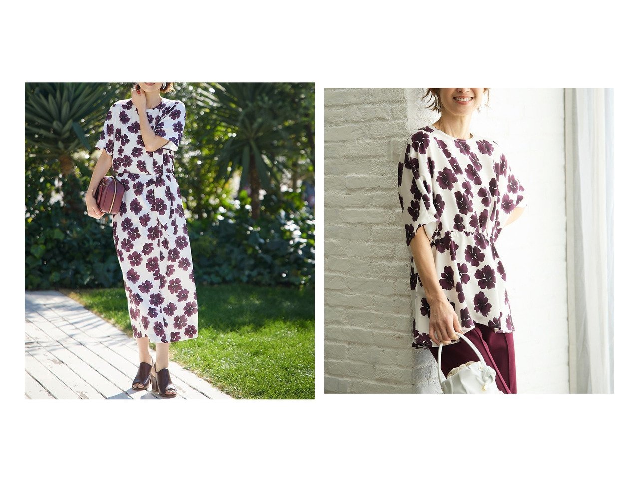 【40代50代に似合うフラワープリントワンピースとブラウスで華やかに仕上げる大人スタイル】DoCLASSE(ドゥクラッセ)の通販 おすすめ人気トレンドファッション通販アイテム インテリア・キッズ・メンズ・レディースファッション・服の通販 founy(ファニー) 　ファッション　Fashion　レディースファッション　Fashion for Women　ワンピース　Dresses　トップス・カットソー　Cut & Sew Tops　シャツ・ブラウス・オフィスカジュアル　Elegant Blouses & Button-Ups　花柄・フラワープリント・モチーフ　Floral Prints & Motifs / Flower Pattern Tops　新作・新入荷　New Arrivals / New In　サテン　Satin, Glossy Fabric　セットアップ　Set-Up, Coordinated Outfit　ダブル　Double, Double-Breasted　ラップ　Wrap, Wrap Design　リボン　Ribbon, Bow　フレア　Flare, Flared　パープル系　Purple　|ID:crp329100000227426