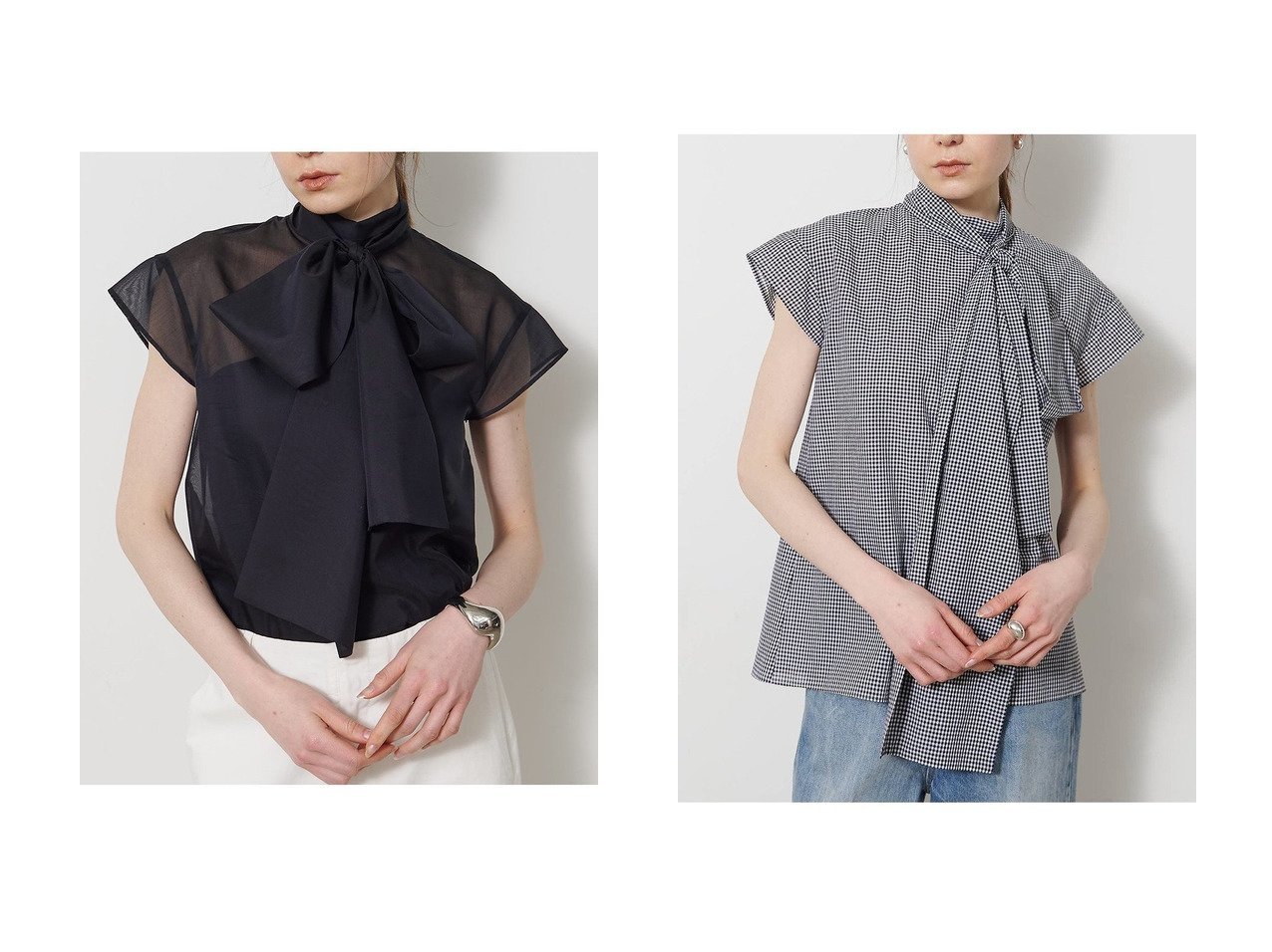 【シアー素材とボウタイで楽しむ軽やかで上品なブラウススタイル】Whim Gazette(ウィムガゼット)の通販 おすすめ人気トレンドファッション通販アイテム インテリア・キッズ・メンズ・レディースファッション・服の通販 founy(ファニー) 　ファッション　Fashion　レディースファッション　Fashion for Women　トップス・カットソー　Cut & Sew Tops　シャツ・ブラウス・オフィスカジュアル　Elegant Blouses & Button-Ups　おすすめ　Recommended / Our Picks　オーガンジー　Organza Fabric　カットソー　Cut and Sewn Top　ギンガム　Gingham, Gingham Fabric　ショート　Short, Short Length　スウェット / スエット　Sweatshirt, Sweatwear　スリーブ　Sleeve, Long Sleeve / Short Sleeve　チェック　Check, Plaid, Tartan　エレガント 上品　Elegant　夏　Summer　春　Spring　S/S・春夏　SS, Spring/Summer, Warm Season　ホワイト系　White　ブラウン系　Brown　ブラック系　Black　|ID:crp329100000227519