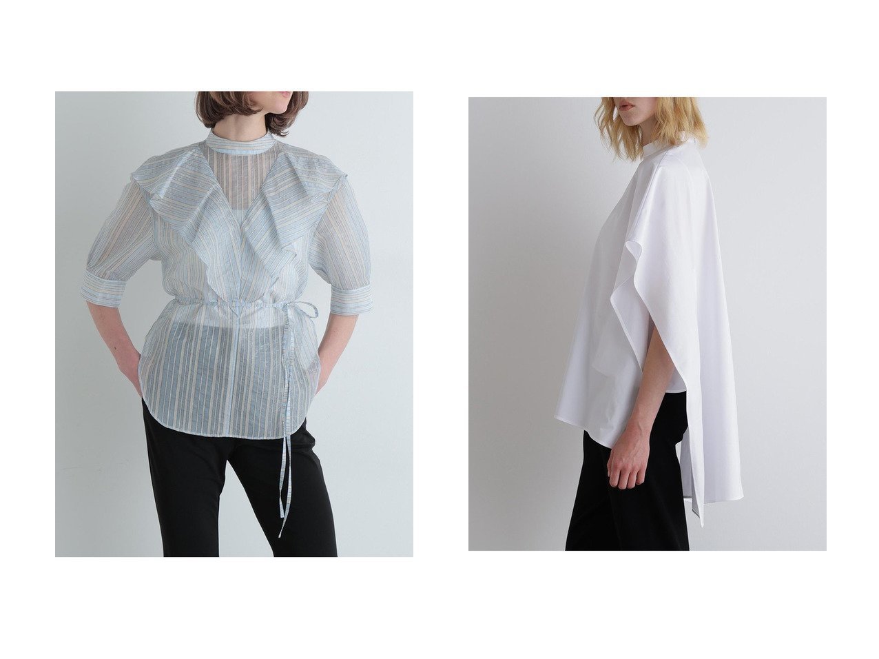 【シアーブラウスとドレープカットソーで楽しむ軽やかで洗練されたスタイル】LE PHIL(ル フィル)の通販 おすすめ人気トレンドファッション通販アイテム インテリア・キッズ・メンズ・レディースファッション・服の通販 founy(ファニー) 　ファッション　Fashion　レディースファッション　Fashion for Women　トップス・カットソー　Cut & Sew Tops　シャツ・ブラウス・オフィスカジュアル　Elegant Blouses & Button-Ups　ロングTシャツ・Tシャツ　Longline T-Shirts & Tees　カットソー・ベーシックTシャツ　Cut-and-Sewn Tops / Stretch Tees & Basics　カッティング　Cutting Detail　シアー　Sheer, See-Through　ショート　Short, Short Length　ジャカード／ジャガード　Jacquard, Woven Pattern　ストライプ　Stripe, Striped Pattern　スリーブ　Sleeve, Long Sleeve / Short Sleeve　ビッグ　Big, Oversized　ラッフル　Ruffle, Frill　夏　Summer　春　Spring　S/S・春夏　SS, Spring/Summer, Warm Season　カットソー　Cut and Sewn Top　コンパクト　Compact, Small Size　スタンダード　Standard, Basic　モックネック　Mock Neck, Short Turtleneck　エレガント 上品　Elegant　ブルー系　Blue　ブラック系　Black　ホワイト系　White　|ID:crp329100000227541