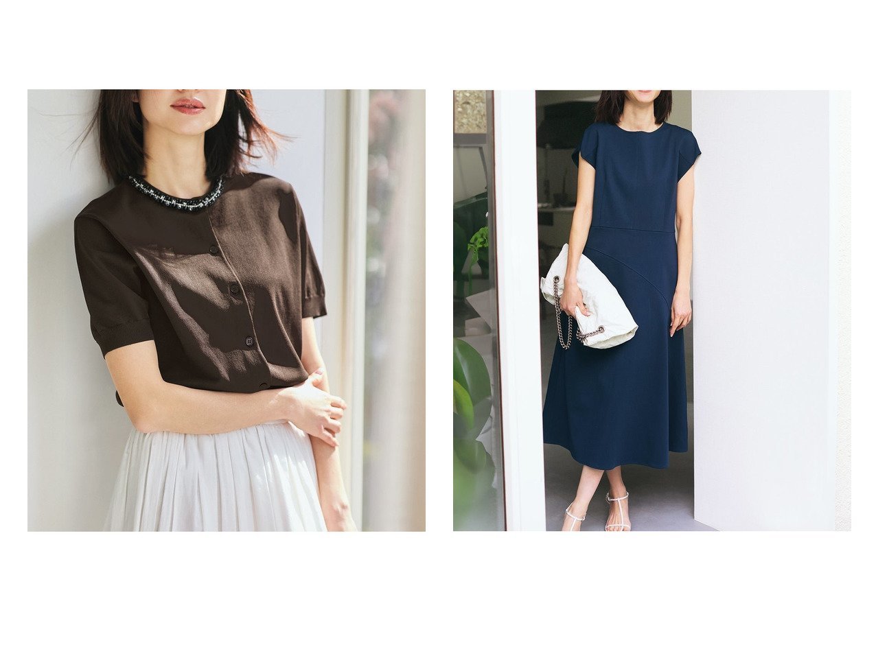 【40代、50代に似合うビジューカーディガンと構築ワンピースで整える上品な装い】DoCLASSE(ドゥクラッセ)の通販 おすすめ人気トレンドファッション通販アイテム インテリア・キッズ・メンズ・レディースファッション・服の通販 founy(ファニー) 　ファッション　Fashion　レディースファッション　Fashion for Women　トップス・カットソー　Cut & Sew Tops　カーディガン・羽織り　Layered Style Cardigans　ワンピース　Dresses　新作・新入荷　New Arrivals / New In　カーディガン　Cardigan, Knitwear　コンパクト　Compact, Small Size　サマー　Summer, Summer Style　スパンコール　Sequins, Sequin Embellishment　パール　Pearl, Pearl Accent　アシンメトリー　Asymmetrical Style　スマート　Smart, Elegant　フレア　Flare, Flared　切替　Switching, Contrast Panel　グレー系　Gray　オレンジ系　Orange　ブルー系　Blue　ブラック系　Black　グリーン系　Green　|ID:crp329100000227554