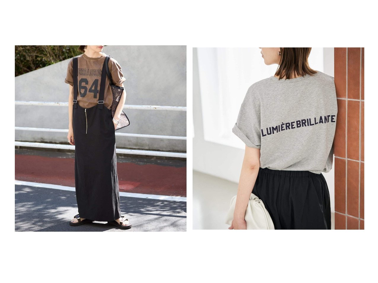 ツイル素材のジャンパースカートとヴィンテージ調ロゴTシャツで楽しむ着回しスタイル【SLOBE IENA(スローブ イエナ)】の通販 おすすめ人気トレンドファッション通販アイテム インテリア・キッズ・メンズ・レディースファッション・服の通販 founy(ファニー) 　ファッション　Fashion　レディースファッション　Fashion for Women　スカート　Skirts　トップス・カットソー　Cut & Sew Tops　シャツ・ブラウス・オフィスカジュアル　Elegant Blouses & Button-Ups　ロングTシャツ・Tシャツ　Longline T-Shirts & Tees　2026年　2026　インナー　Innerwear　カットソー　Cut and Sewn Top　シルバー　Silver, Metallic Silver　シンプル　Simple, Minimal　ジップ　Zip, Zipper　ツイル　Twist, Twisted Detail　ベーシック　Basic, Essential　リラックス　Relax, Relaxed Fit　プリント　Print, Printed Pattern　夏　Summer　春　Spring　S/S・春夏　SS, Spring/Summer, Warm Season　ブラック系　Black　ベージュ系　Beige　グレー系　Gray　ホワイト系　White　ブラウン系　Brown　|ID:crp329100000227556