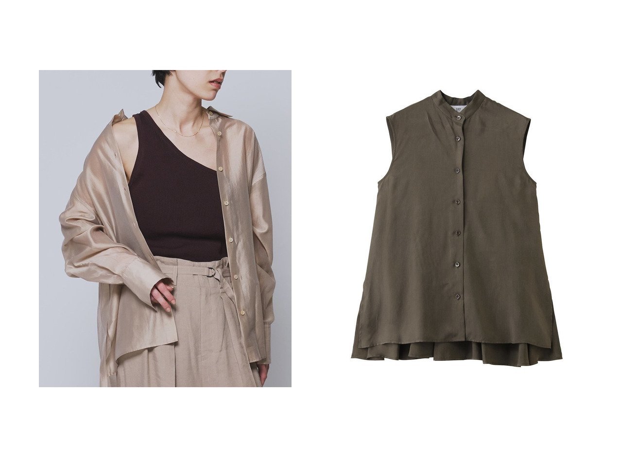 ワンショルダーニットとキュプラノースリーブシャツで叶える上品な軽やかスタイル【1er Arrondissement(プルミエ アロンディスモン)】の通販 おすすめ人気トレンドファッション通販アイテム インテリア・キッズ・メンズ・レディースファッション・服の通販 founy(ファニー) 　ファッション　Fashion　レディースファッション　Fashion for Women　トップス・カットソー　Cut & Sew Tops　ニット　Knit Tops & Sweaters　カジュアルプルオーバー・ニットトップス　Pullovers & Knit Tops / Casual Pullovers　キャミソール&ノースリーブ　Camisoles & Sleeveless Tops　シャツ・ブラウス・オフィスカジュアル　Elegant Blouses & Button-Ups　ラップ　Wrap, Wrap Design　ワンショル　One Shoulder, Asymmetrical　新作・新入荷　New Arrivals / New In　キュプラ　Cupro, Eco Fabric　ギャザー　Gathered, Ruffled　ノースリーブ　Sleeveless, No-Sleeve　フロント　Front, Front Design　夏　Summer　定番　Standard, Basic Item　春　Spring　S/S・春夏　SS, Spring/Summer, Warm Season　ブラウン系　Brown　ブラック系　Black　|ID:crp329100000227568