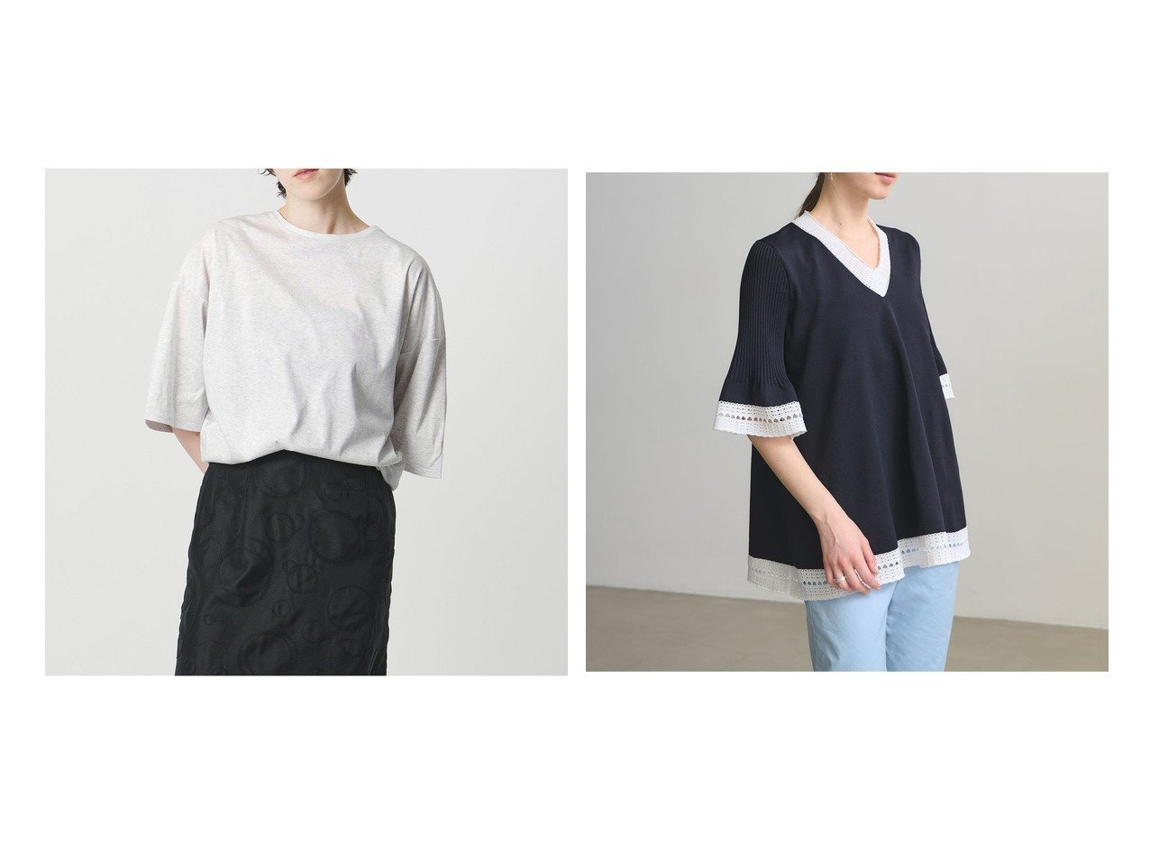 編み柄ニットチュニックとオーバーサイズTシャツで楽しむ軽やかなカジュアルスタイル【UNITED ARROWS(ユナイテッドアローズ)】の通販 おすすめ人気トレンドファッション通販アイテム インテリア・キッズ・メンズ・レディースファッション・服の通販 founy(ファニー) 　ファッション　Fashion　レディースファッション　Fashion for Women　トップス・カットソー　Cut & Sew Tops　シャツ・ブラウス・オフィスカジュアル　Elegant Blouses & Button-Ups　ロングTシャツ・Tシャツ　Longline T-Shirts & Tees　ニット　Knit Tops & Sweaters　Vネックトップス　V-Neck Tops / V-Cut Neckline Shirts　シンプル　Simple, Minimal　人気　Popular, Best Seller　フォルム　Silhouette, Form　ビジネス 仕事 通勤　Business / Work / Commuting　かぎ針　Crochet　チュニック　Tunic, Long Top　デコルテ　Décolleté, Neckline　デニム　Denim, Jeans Material　レース　Lace, Lace Fabric　おすすめ　Recommended / Our Picks　ホワイト系　White　ブラック系　Black　グレー系　Gray　ブルー系　Blue　|ID:crp329100000227574