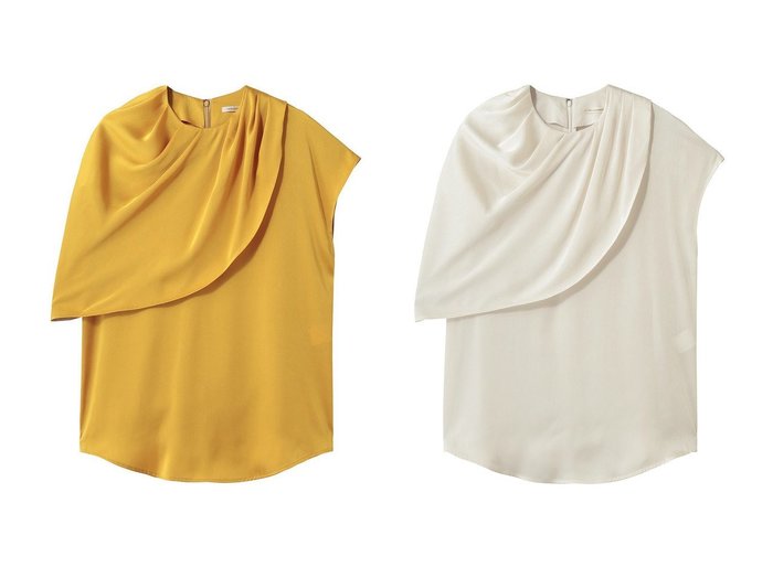 アシンメトリーケープが際立つサテンブラウスで楽しむ洗練スタイル【DESIGN WORKS(デザイン ワークス)】の通販 おすすめ人気トレンドファッション通販アイテム 人気、トレンドファッション・服の通販 founy(ファニー) ファッション Fashion レディースファッション Fashion for Women トップス・カットソー Cut & Sew Tops シャツ・ブラウス・オフィスカジュアル Elegant Blouses & Button-Ups アシンメトリー Asymmetrical Style サテン Satin, Glossy Fabric ショート Short, Short Length スリーブ Sleeve, Long Sleeve / Short Sleeve セットアップ Set-Up, Coordinated Outfit フレア Flare, Flared ボトム Bottoms, Lower Wear エレガント 上品 Elegant 新作・新入荷 New Arrivals / New In |ID:crp329100000227582