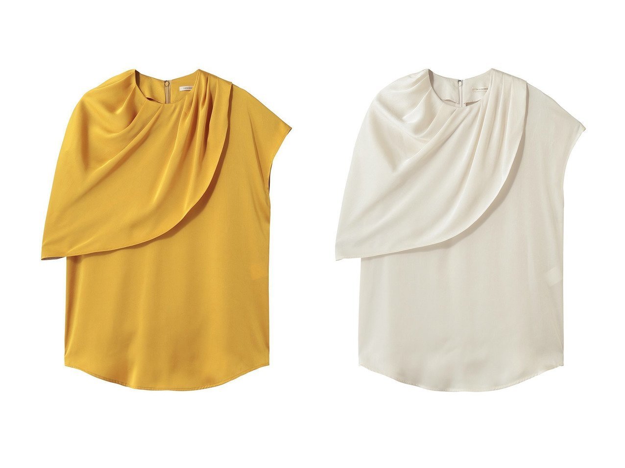 アシンメトリーケープが際立つサテンブラウスで楽しむ洗練スタイル【DESIGN WORKS(デザイン ワークス)】の通販 おすすめ人気トレンドファッション通販アイテム インテリア・キッズ・メンズ・レディースファッション・服の通販 founy(ファニー) 　ファッション　Fashion　レディースファッション　Fashion for Women　トップス・カットソー　Cut & Sew Tops　シャツ・ブラウス・オフィスカジュアル　Elegant Blouses & Button-Ups　アシンメトリー　Asymmetrical Style　サテン　Satin, Glossy Fabric　ショート　Short, Short Length　スリーブ　Sleeve, Long Sleeve / Short Sleeve　セットアップ　Set-Up, Coordinated Outfit　フレア　Flare, Flared　ボトム　Bottoms, Lower Wear　エレガント 上品　Elegant　新作・新入荷　New Arrivals / New In　イエロー系　Yellow　ブラウン系　Brown　|ID:crp329100000227582