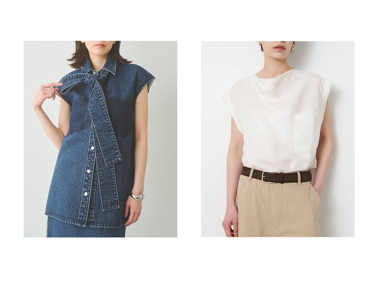 ドレープブラウスとデニムボウタイシャツで楽しむ上品カジュアルスタイル【Whim Gazette(ウィムガゼット)】の通販 おすすめ人気トレンドファッション通販アイテム インテリア・キッズ・メンズ・レディースファッション・服の通販 founy(ファニー) 　ファッション　Fashion　レディースファッション　Fashion for Women　トップス・カットソー　Cut & Sew Tops　キャミソール&ノースリーブ　Camisoles & Sleeveless Tops　シャツ・ブラウス・オフィスカジュアル　Elegant Blouses & Button-Ups　おすすめ　Recommended / Our Picks　ショート　Short, Short Length　スリーブ　Sleeve, Long Sleeve / Short Sleeve　セットアップ　Set-Up, Coordinated Outfit　デニム　Denim, Jeans Material　ノースリーブ　Sleeveless, No-Sleeve　バランス　Balance, Style Balance　新作・新入荷　New Arrivals / New In　ブルー系　Blue　ホワイト系　White　ブラック系　Black　ベージュ系　Beige　レッド系　Red　|ID:crp329100000227615