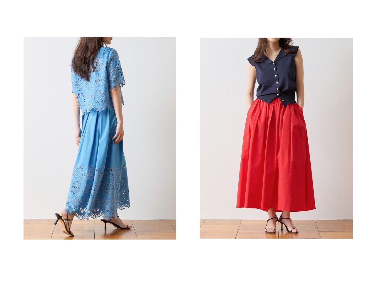 【Tiara/ティアラ】のカットワークレーススカート&タックギャザーフレアスカート おすすめ人気トレンドファッション通販アイテム インテリア・キッズ・メンズ・レディースファッション・服の通販 founy(ファニー) 　ファッション　Fashion　レディースファッション　Fashion for Women　スカート　Skirts　ロングスカート　Long Skirts / Maxi & Midi Skirts　Aライン・フレアスカート　A-Line & Flared Skirts　おすすめ　Recommended / Our Picks　カットソー　Cut and Sewn Top　サンダル　Sandals, Summer Shoes　シンプル　Simple, Minimal　スカラップ　Scallop, Scalloped Edge　セットアップ　Set-Up, Coordinated Outfit　ポケット　Pocket, Pocket Detail　レース　Lace, Lace Fabric　ロング　Long, Long-Length　ワーク　Workwear, Utility Style　夏　Summer　新作・新入荷　New Arrivals / New In　ブルー系　Blue　|ID:crp329100000227664